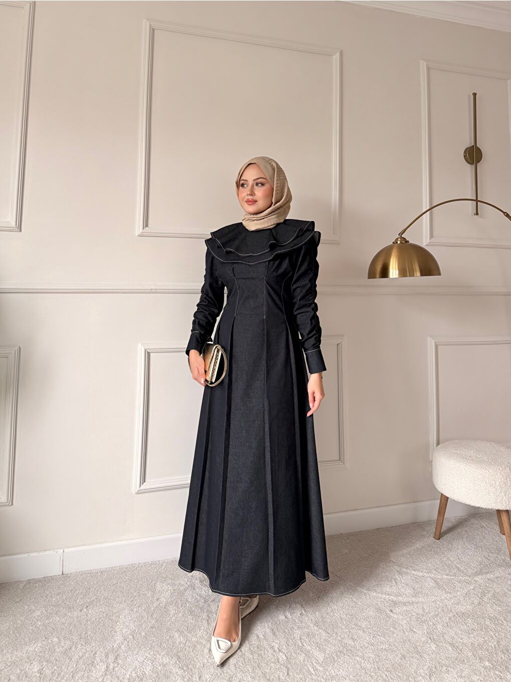 Kadın Dikiş İz Detay Pelerinli Jean Elbise Lacivert-3