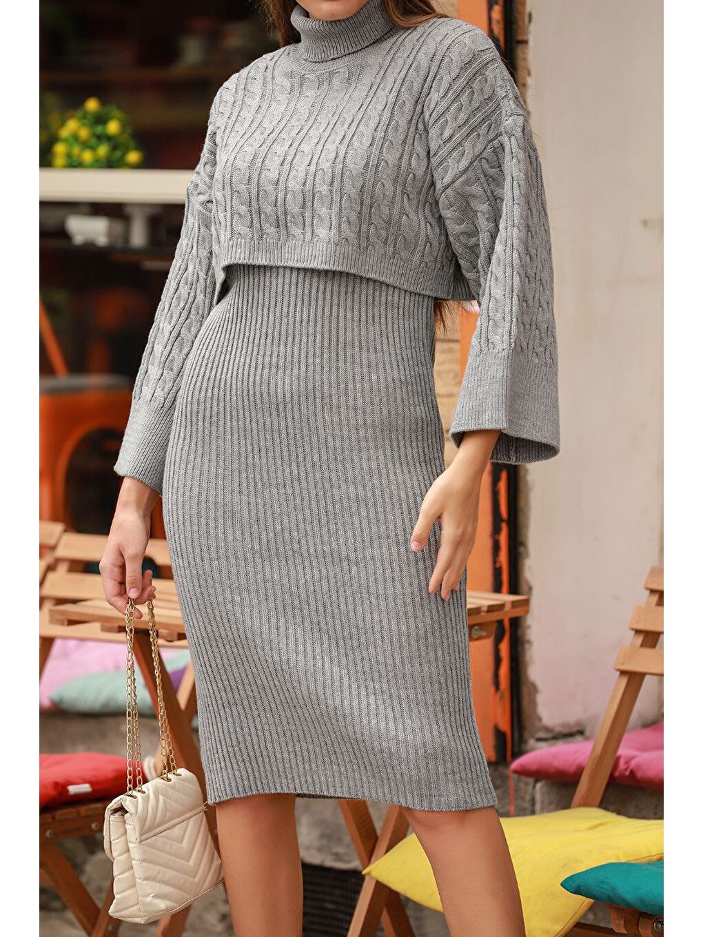 Boğazlı Crop Kazak Triko Elbise Takım Gri-3