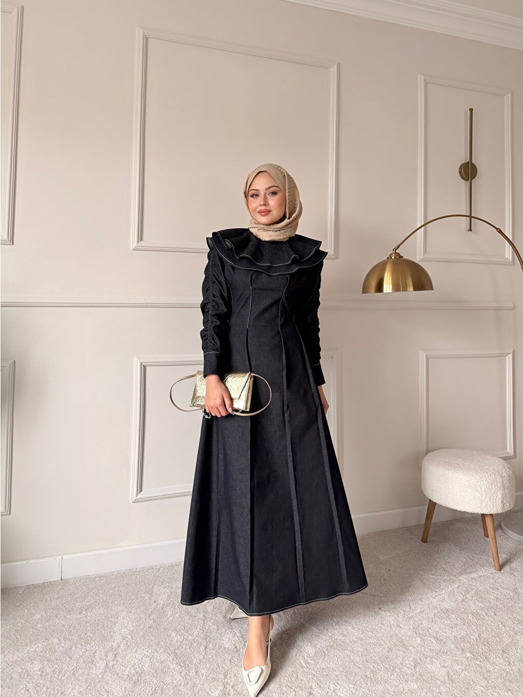 Kadın Dikiş İz Detay Pelerinli Jean Elbise Lacivert-4