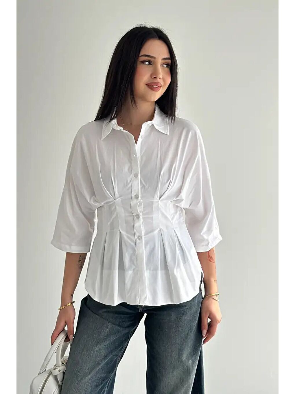 Kadın Bel Formlu Gömlek – Düğmeli Yarım Kol Gömlek Beyaz