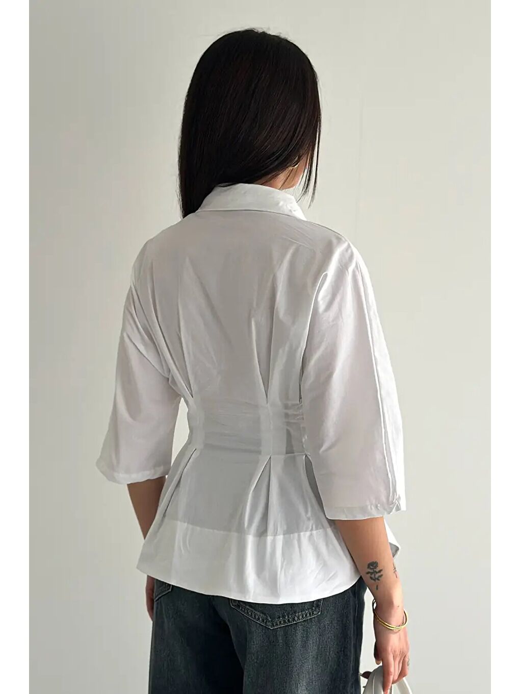 Kadın Bel Formlu Gömlek – Düğmeli Yarım Kol Gömlek Beyaz-2