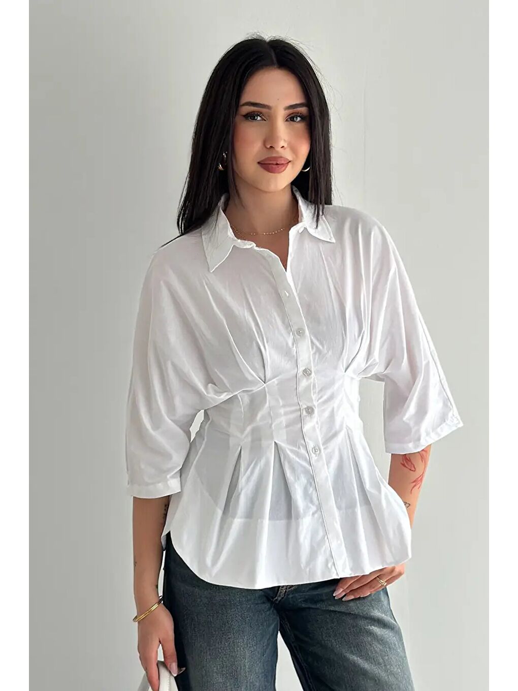 Kadın Bel Formlu Gömlek – Düğmeli Yarım Kol Gömlek Beyaz-3