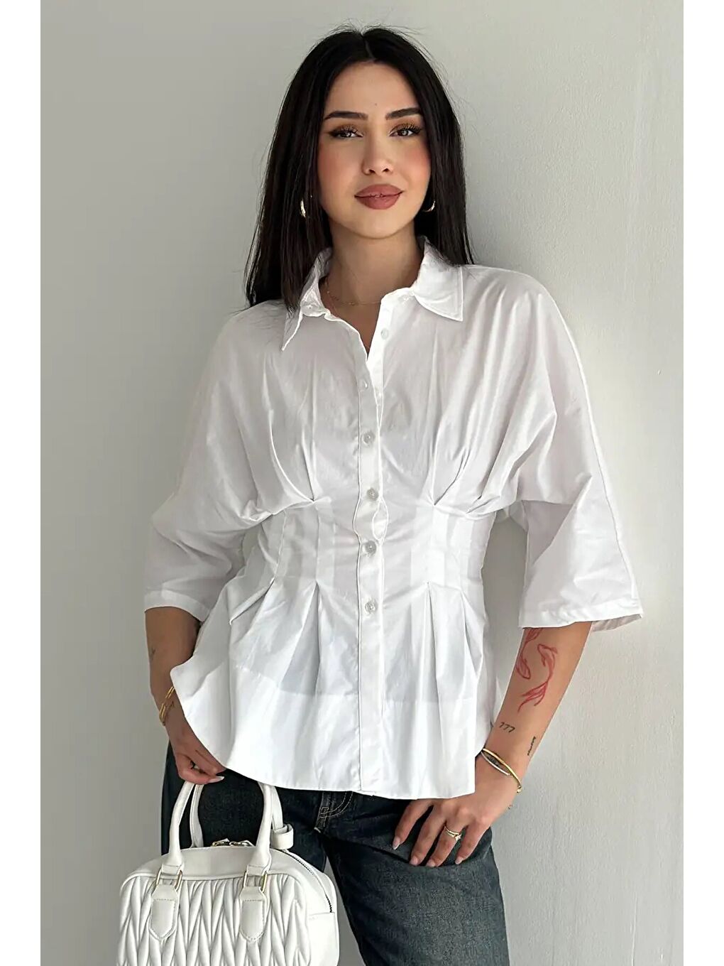 Kadın Bel Formlu Gömlek – Düğmeli Yarım Kol Gömlek Beyaz-4