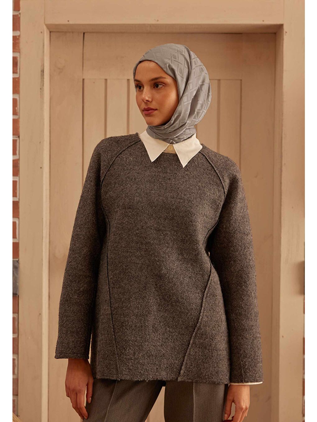 Gri Porto Jakarlı Şal Koyu Grı-1