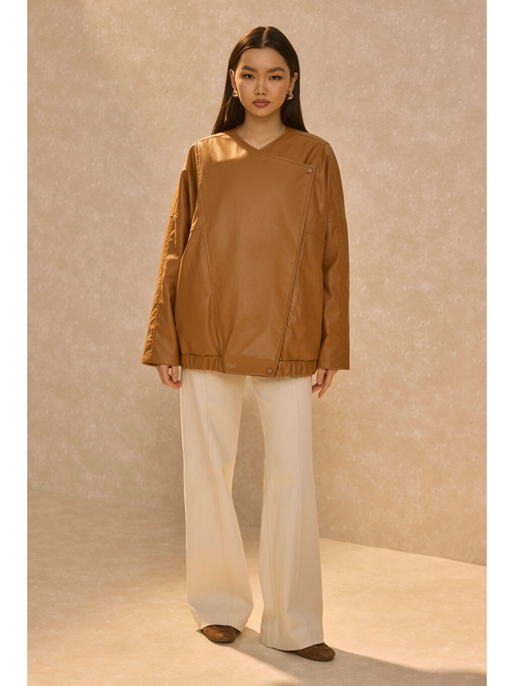 Kahverengi Asimetrik Kesim Deri Ceket Taba-1