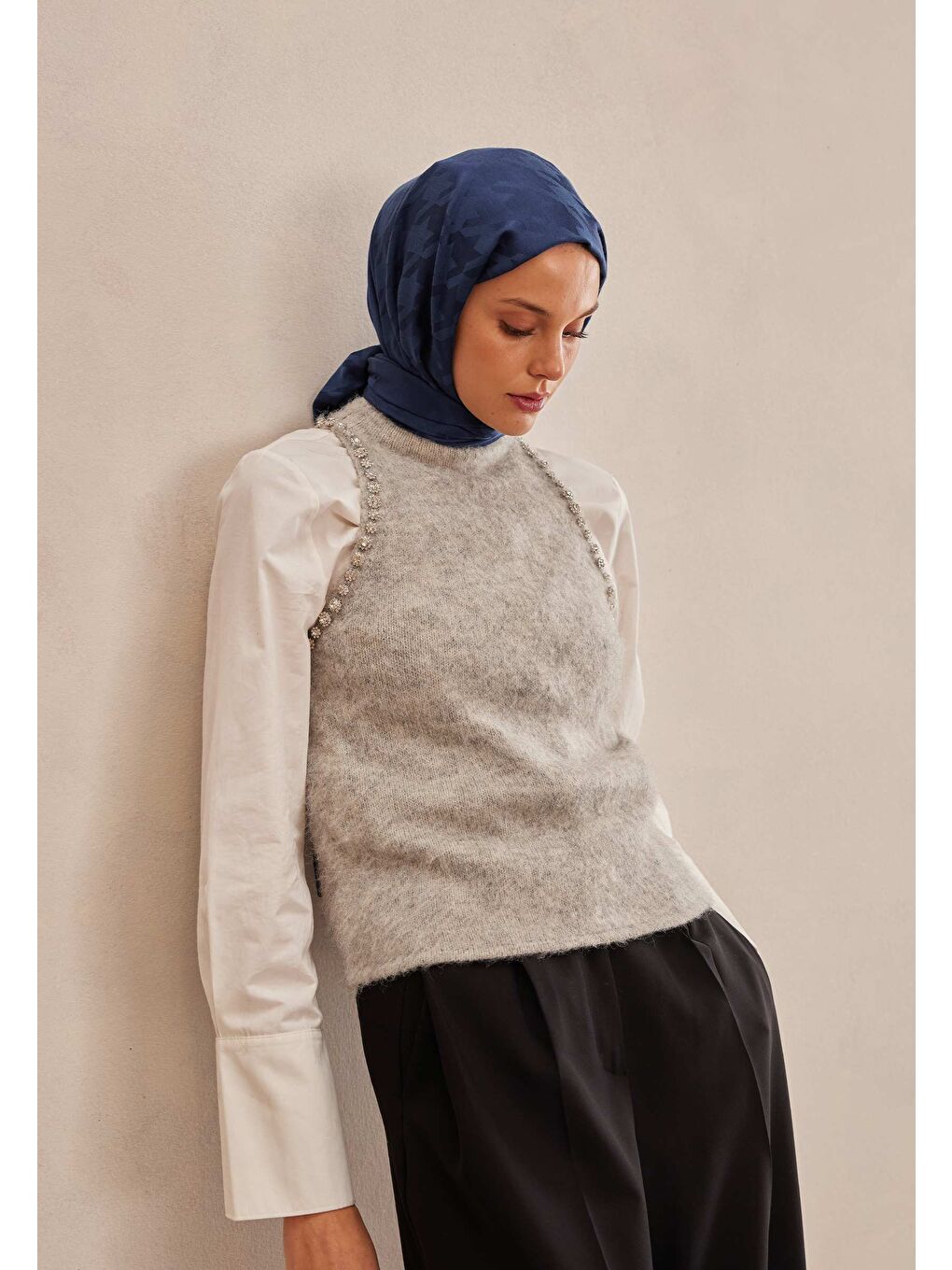 Kazayağı Jakarlı Şal Gece Mavisi