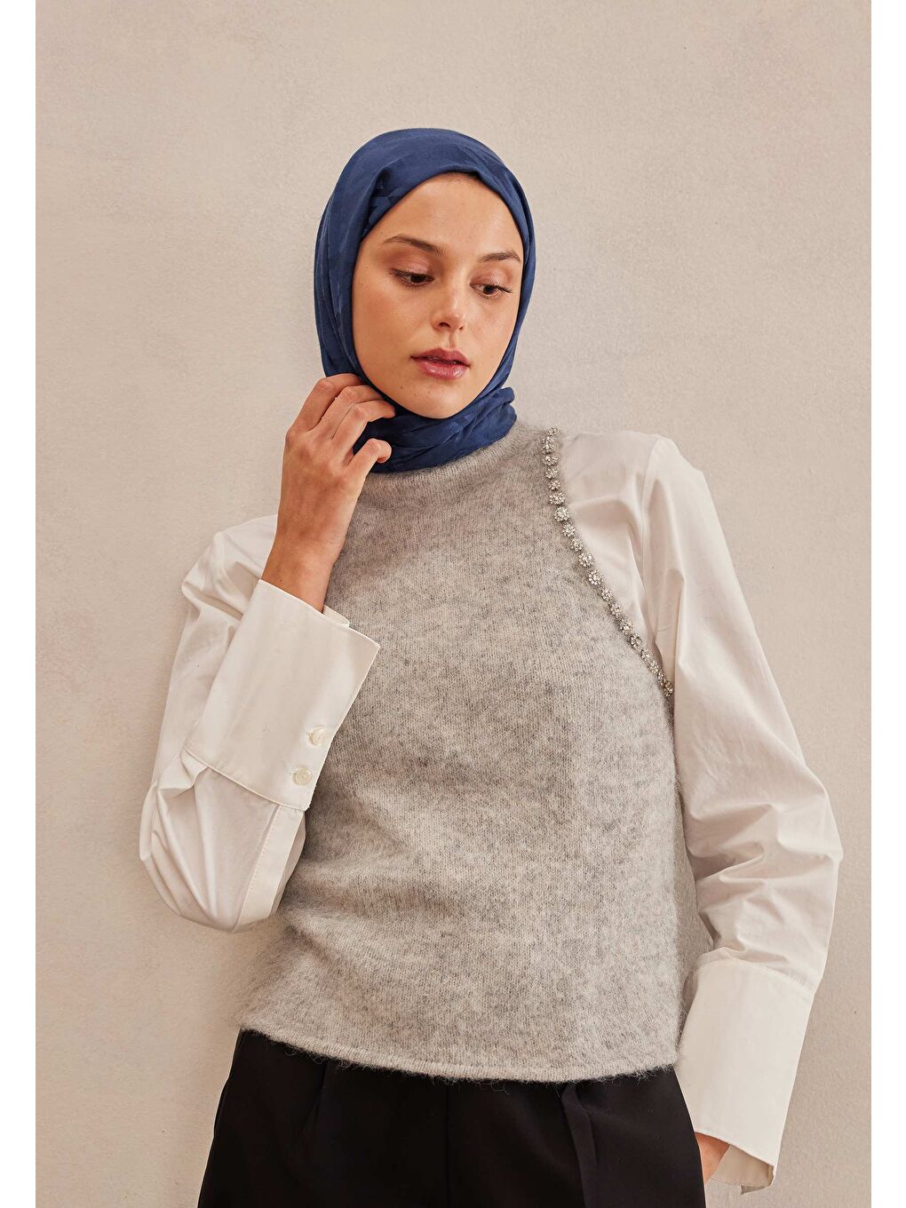 Kazayağı Jakarlı Şal Gece Mavisi-1