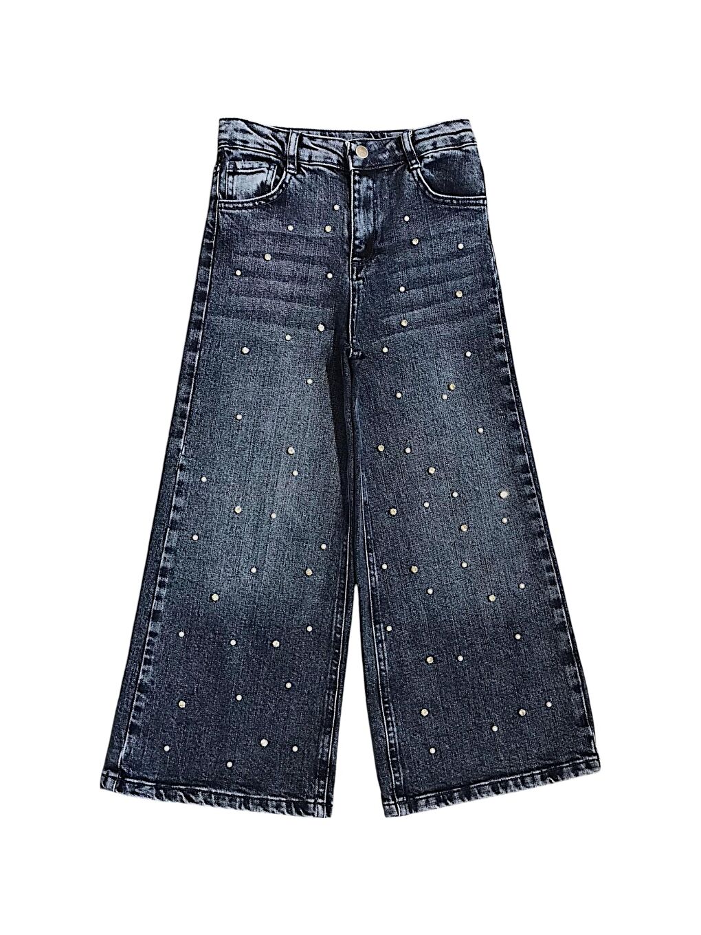 Lacivert Kız Çocuk İnci ve Taşlı Jean Pantolon