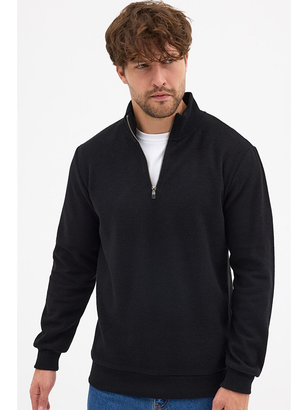 Erkek Siyah Standart Fit Normal Kesim Pamuklu Yarım Fermuarlı Dik Yaka Pamuklu Sweatshirt-1