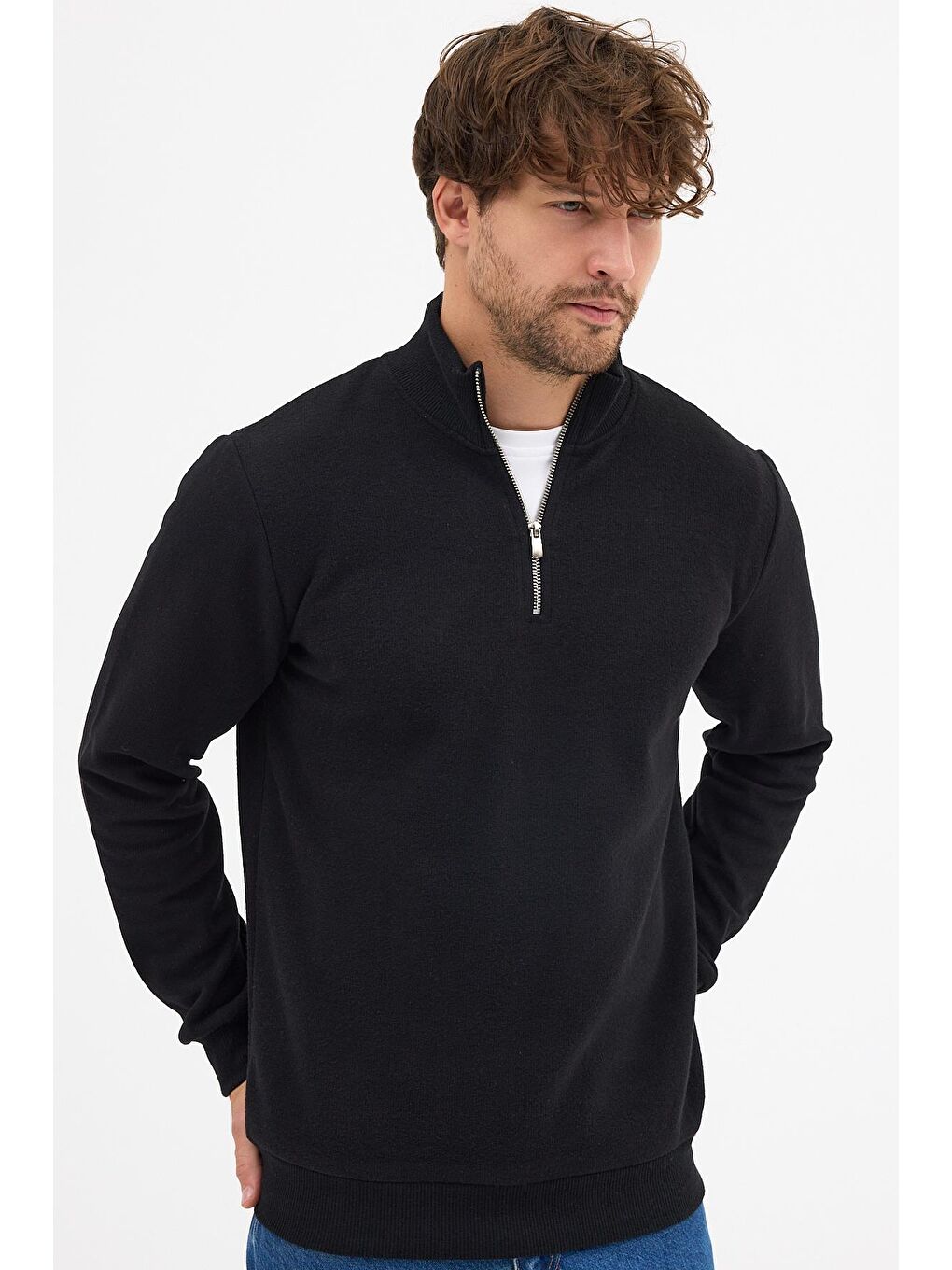 Erkek Siyah Standart Fit Normal Kesim Pamuklu Yarım Fermuarlı Dik Yaka Pamuklu Sweatshirt-2