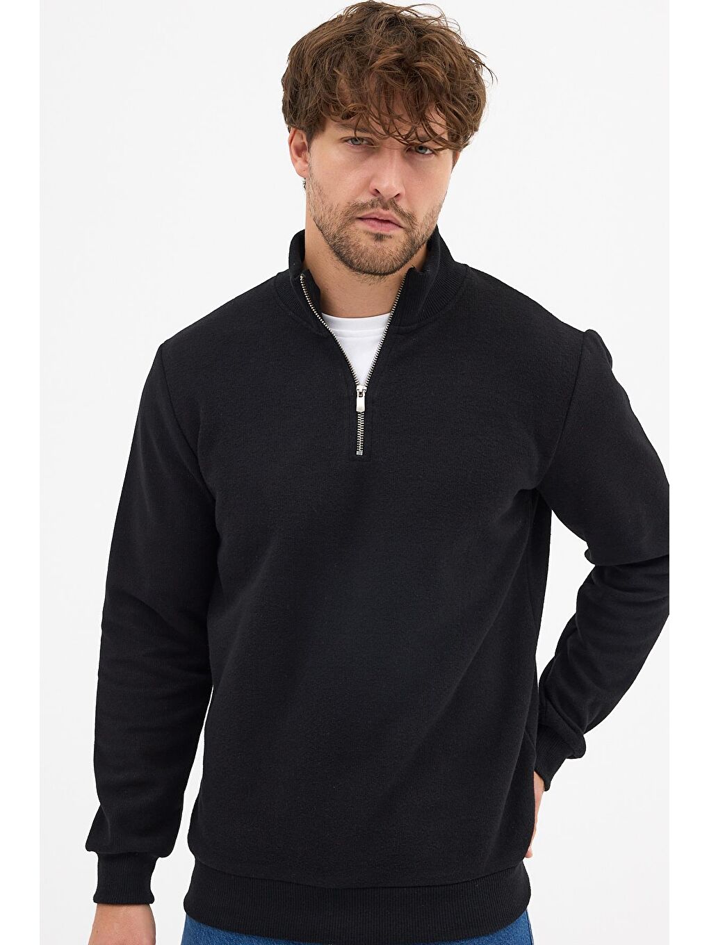 Erkek Siyah Standart Fit Normal Kesim Pamuklu Yarım Fermuarlı Dik Yaka Pamuklu Sweatshirt-3