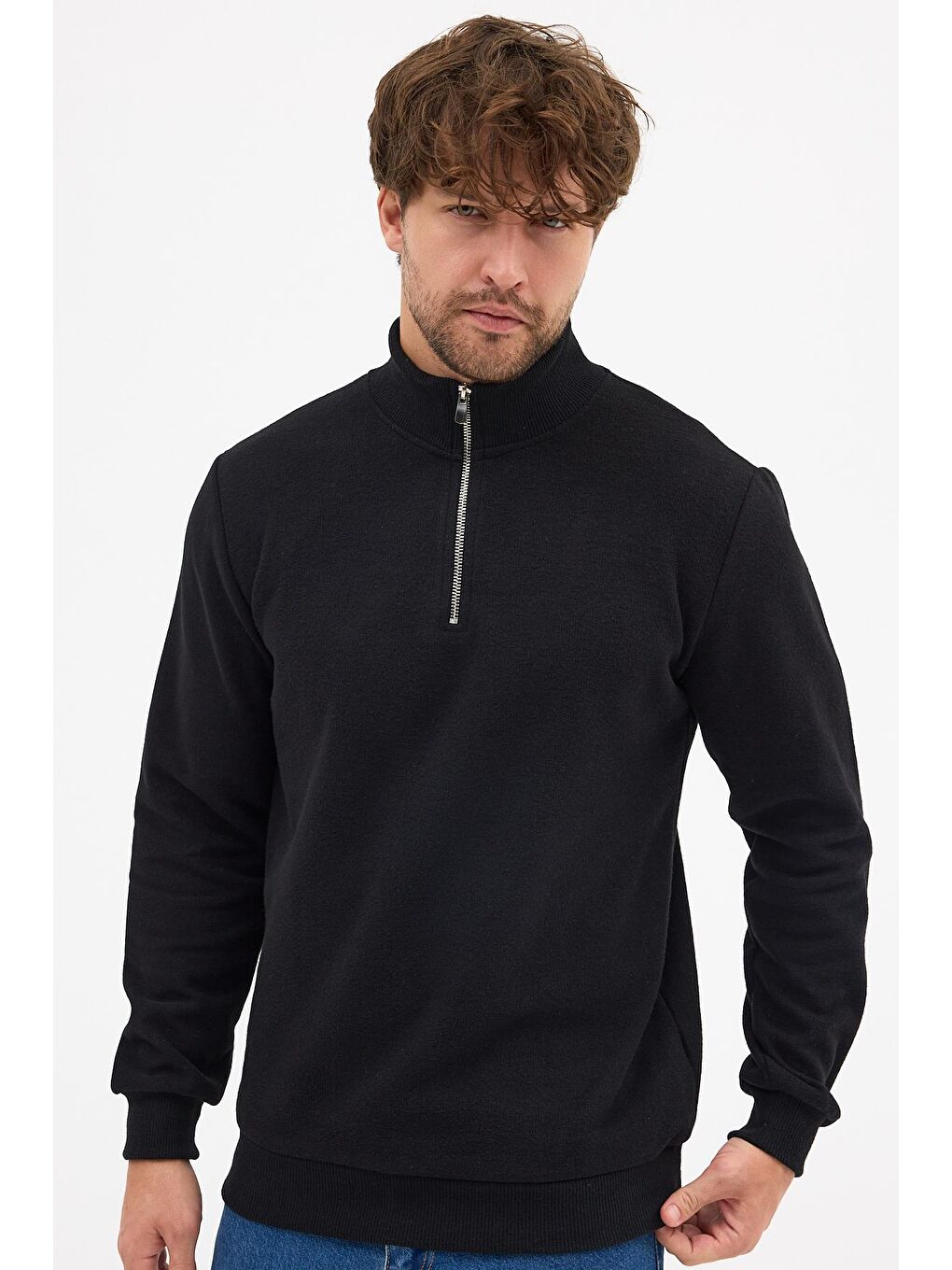 Erkek Siyah Standart Fit Normal Kesim Pamuklu Yarım Fermuarlı Dik Yaka Pamuklu Sweatshirt-4