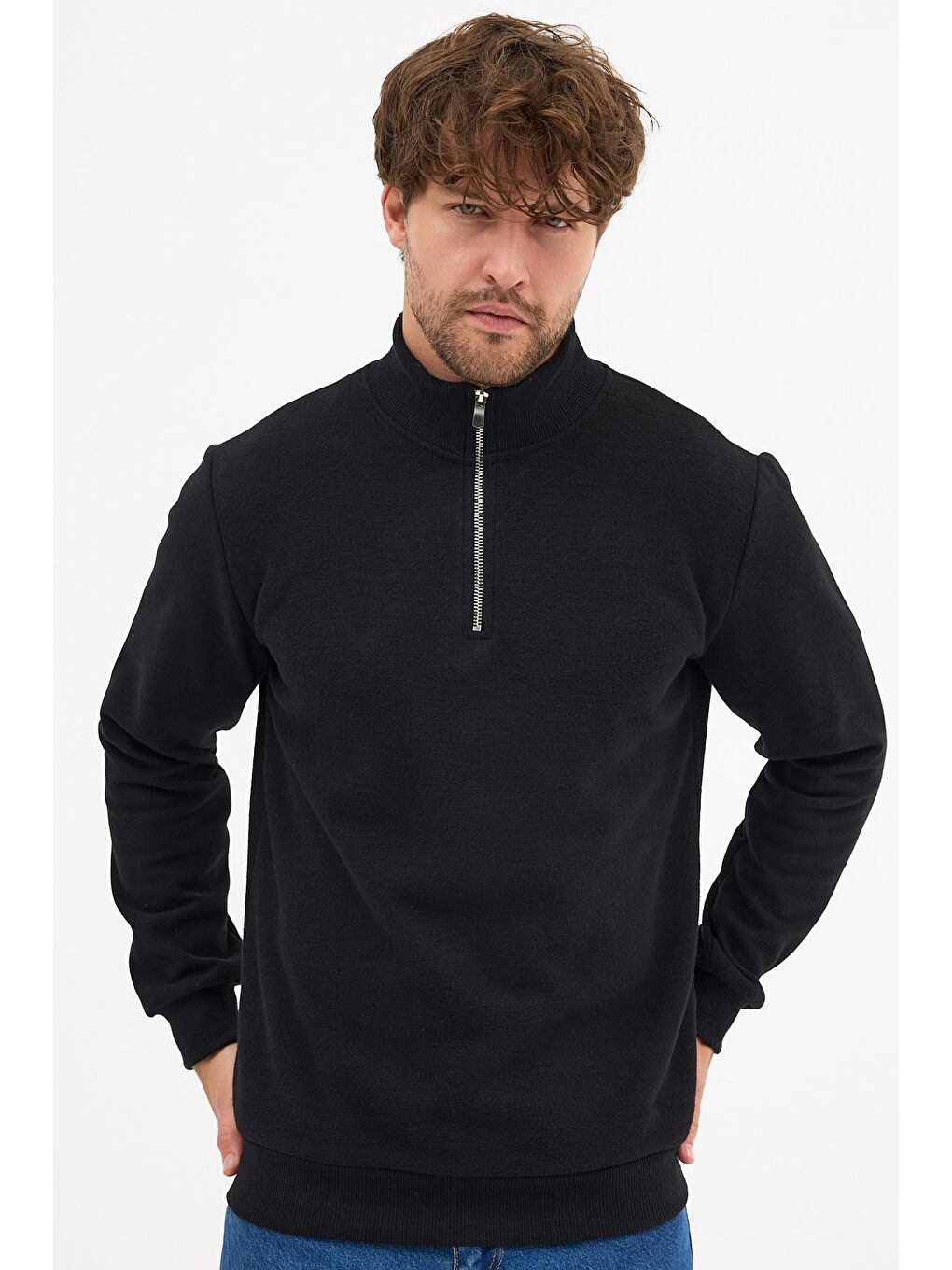 Erkek Siyah Standart Fit Normal Kesim Pamuklu Yarım Fermuarlı Dik Yaka Pamuklu Sweatshirt-5