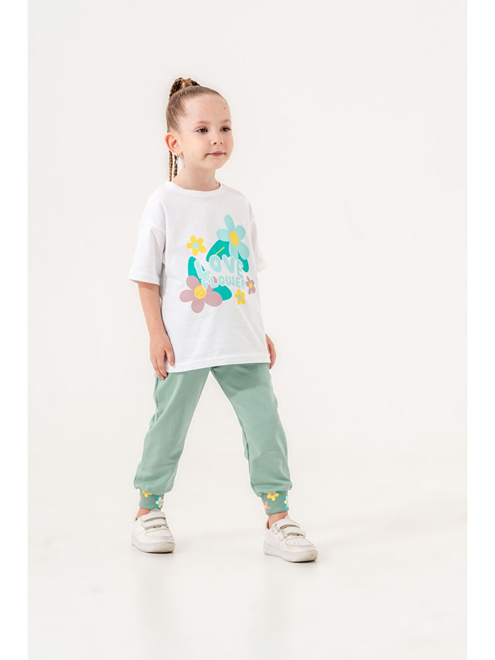 Mışıl Kids Mint Yeşil Love Flower Baskılı Paça Çiçek Baskı Detaylı Kız Çocuk Tişört - Eşofman Alt Alt - Üst Takım - 4