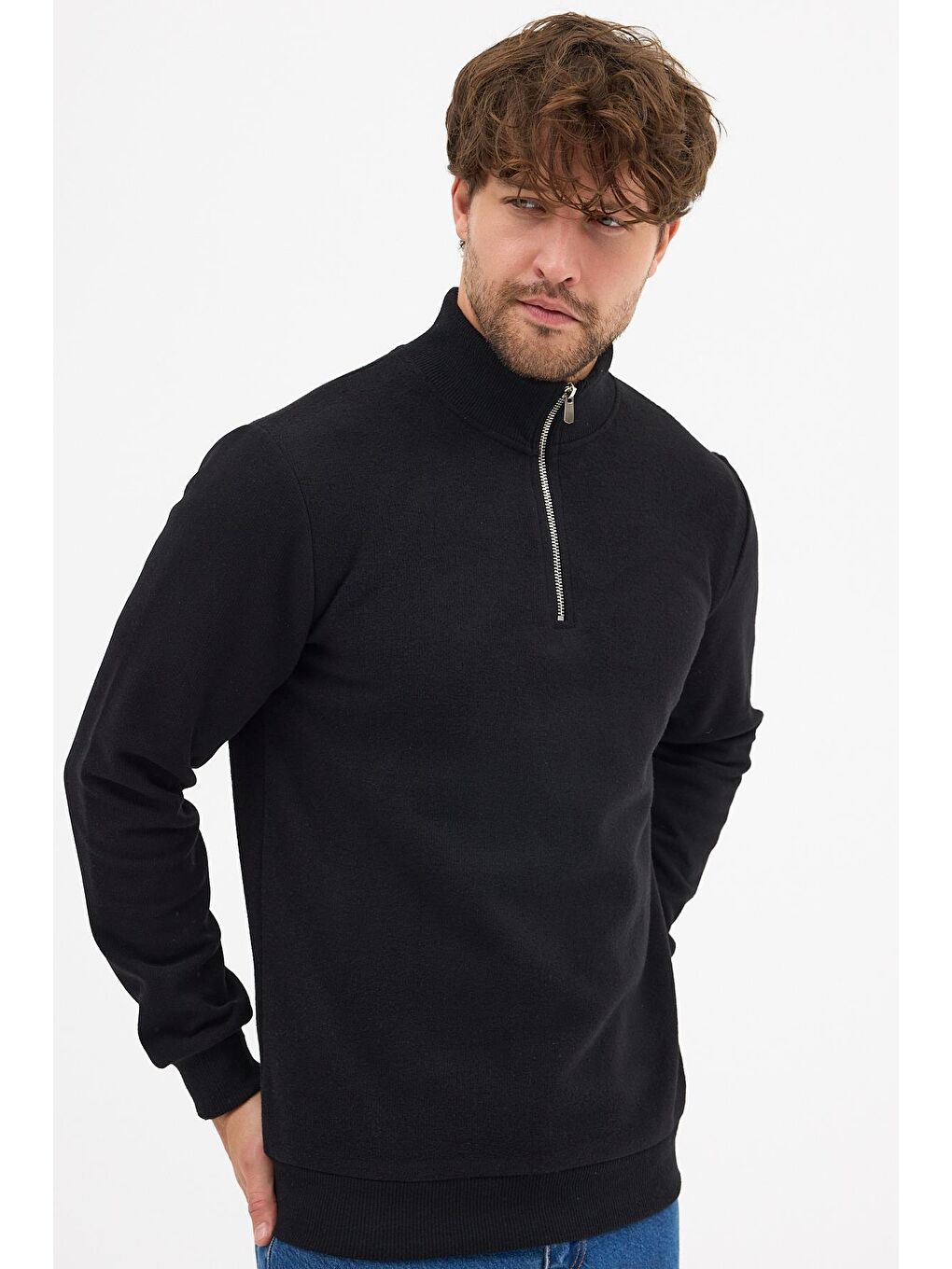 Erkek Siyah Standart Fit Normal Kesim Pamuklu Yarım Fermuarlı Dik Yaka Pamuklu Sweatshirt-6