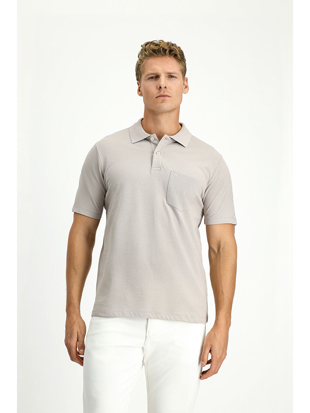 Gri Polo Yaka Regular Fit Nakışlı Pamuk %100 Pamuk Tişört