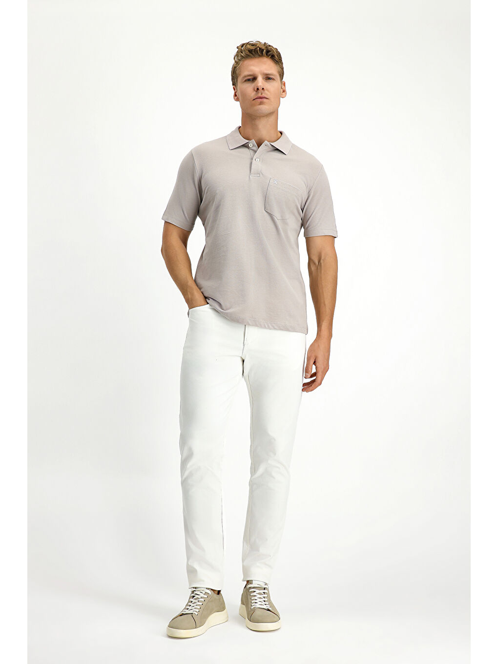 Gri Polo Yaka Regular Fit Nakışlı Pamuk %100 Pamuk Tişört-1