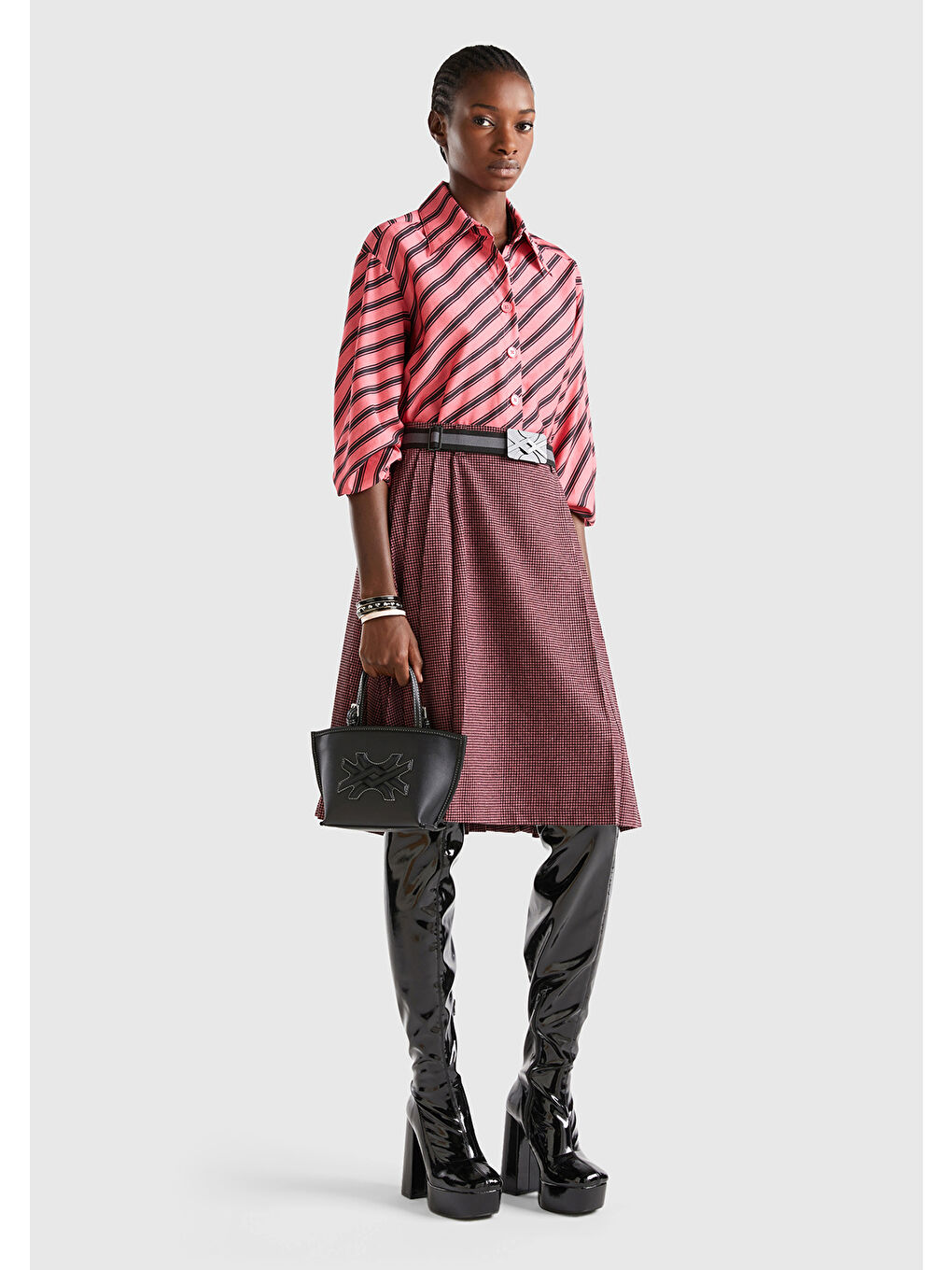 Kadın Pembe Mix Kazayağı Desenli Midi Boy Etek-4