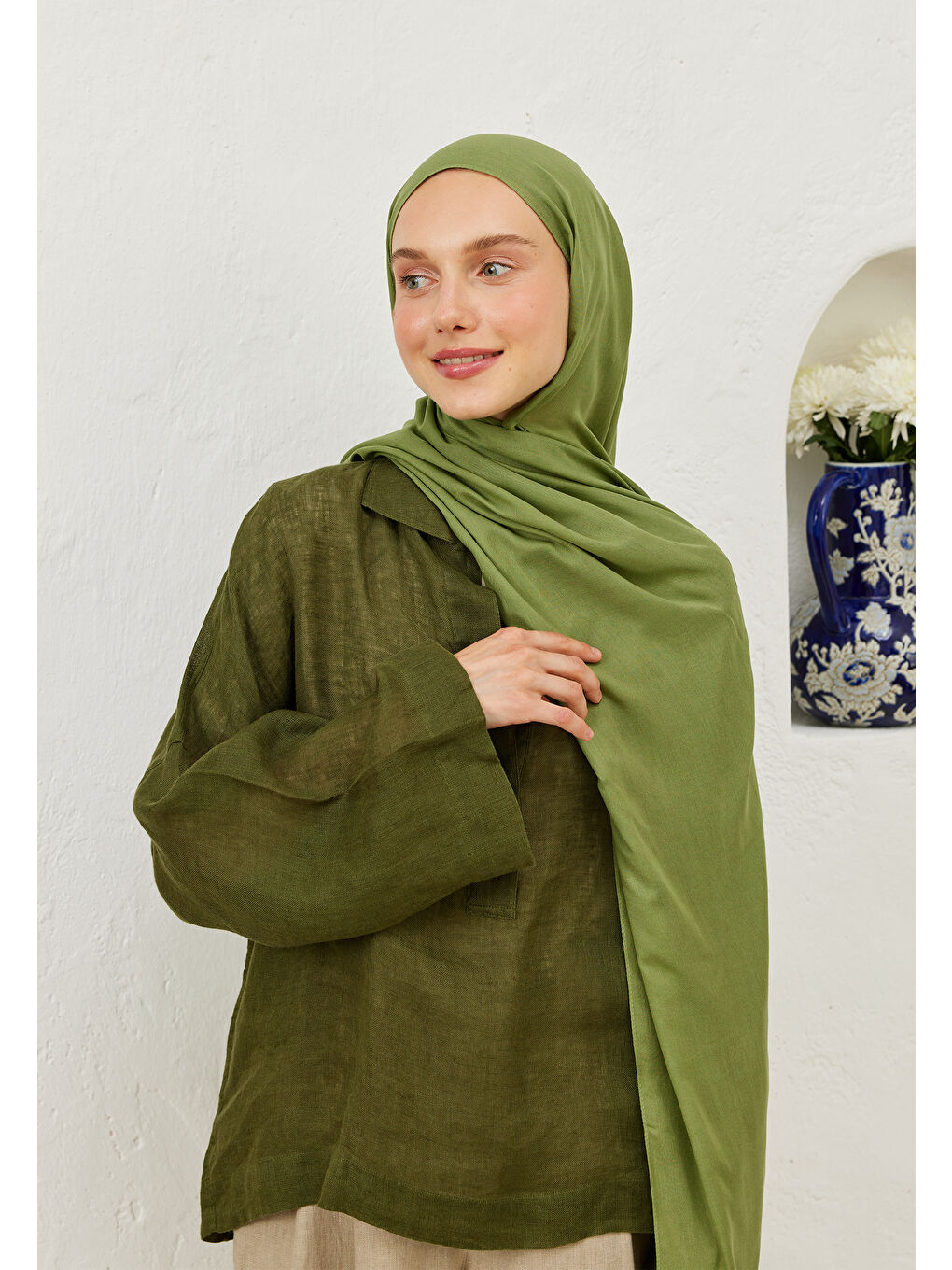 Yeşil Rami Viskon Şal Yaprak-4