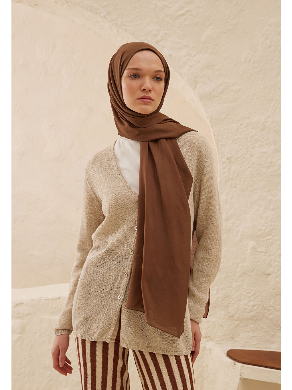 Kahverengi Rami Viskon Şal Ağaç Kabuğu-1