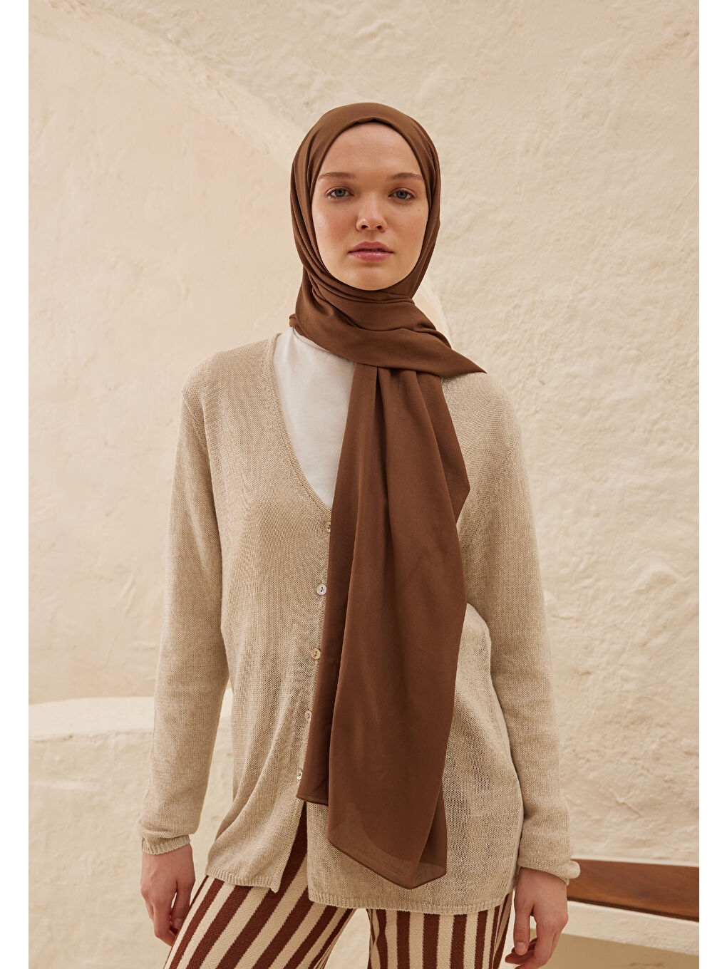 Kahverengi Rami Viskon Şal Ağaç Kabuğu-3
