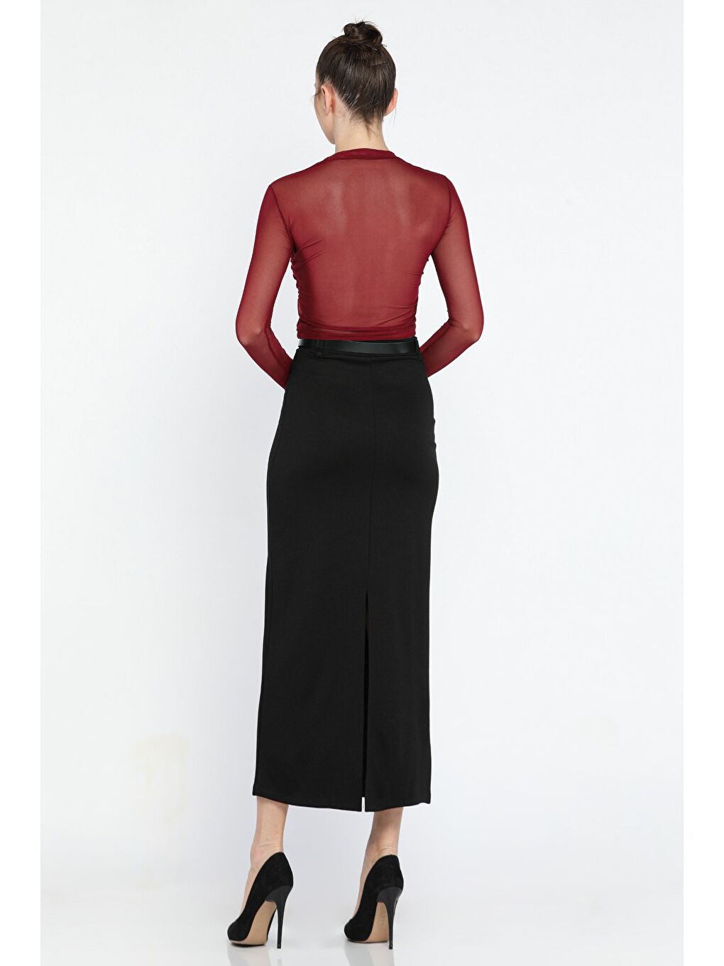 Siyah Kadın Bel Kemerli Elastanlı Yırtmaç Detaylı Kalem Etek-2