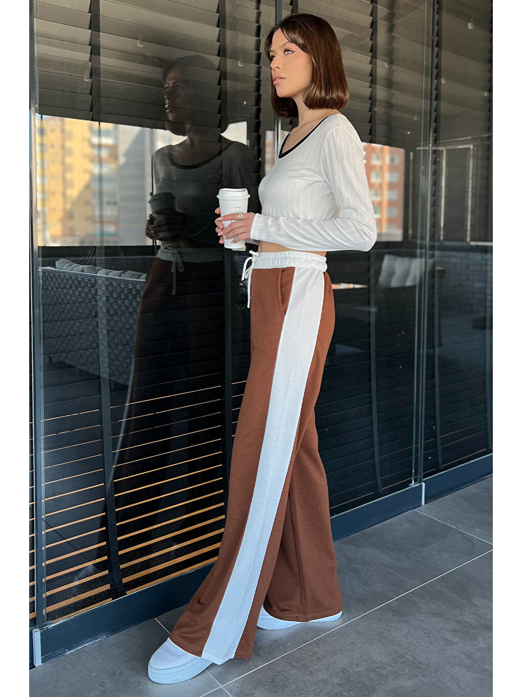 Kahverengi Kadın Bel Lastikli Yüksek Bel Renk Garnili Palazzo Eşofman Altı