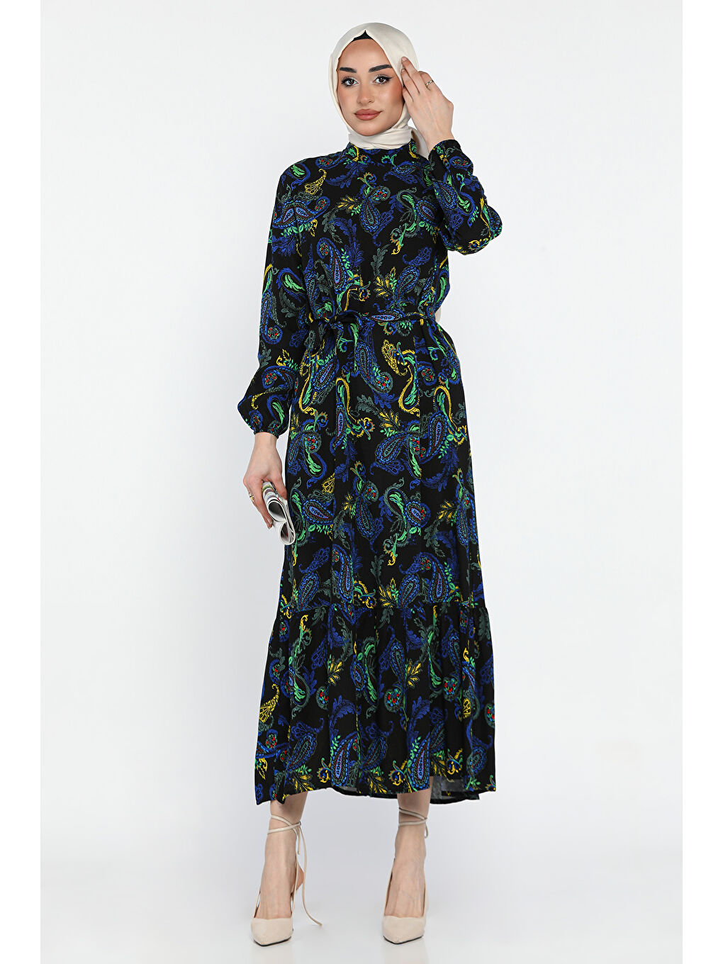 Siyah Etnik Desen Bel Kuşaklı Tesettür Viskon Elbise-3