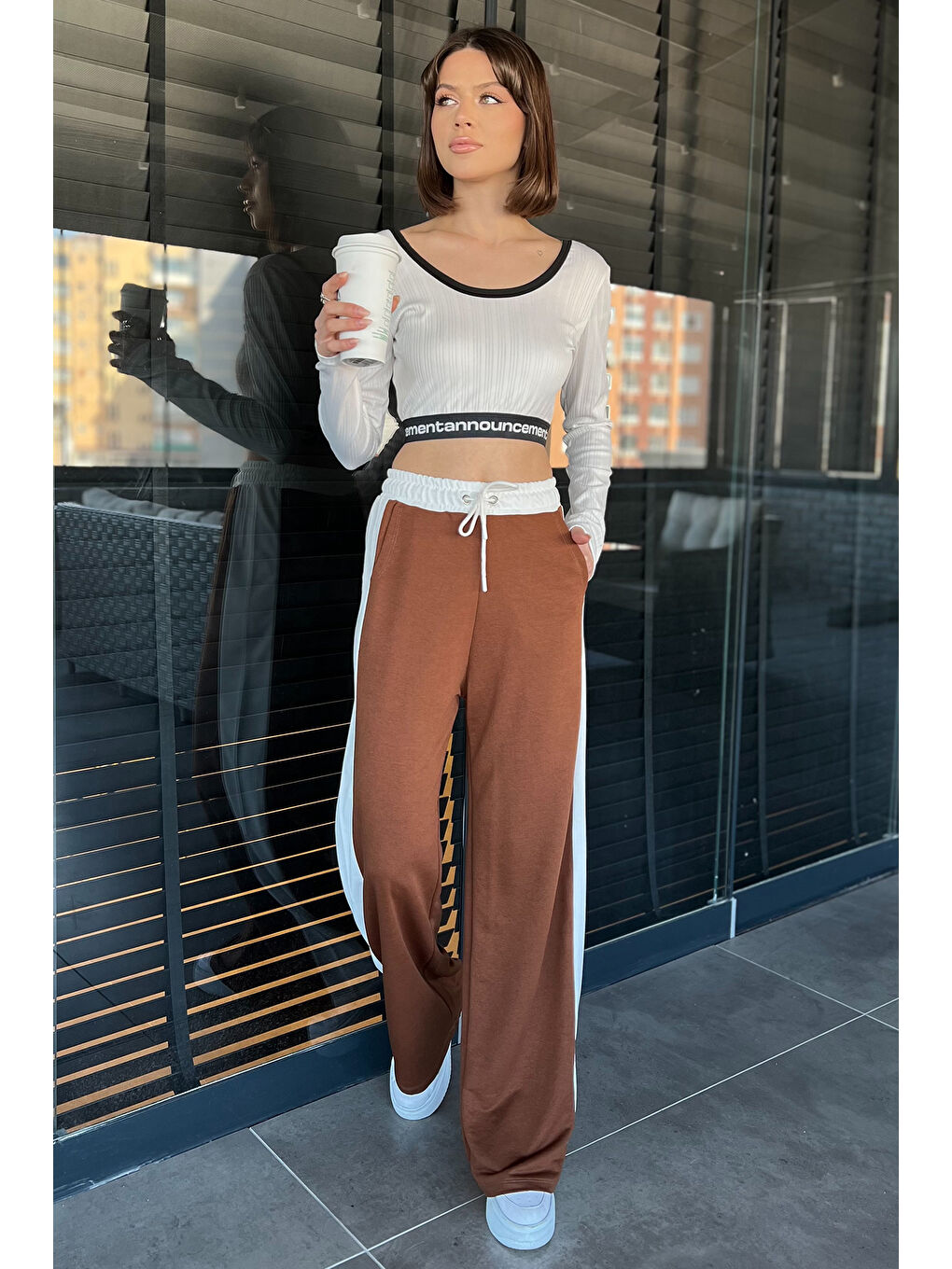 Kahverengi Kadın Bel Lastikli Yüksek Bel Renk Garnili Palazzo Eşofman Altı-1