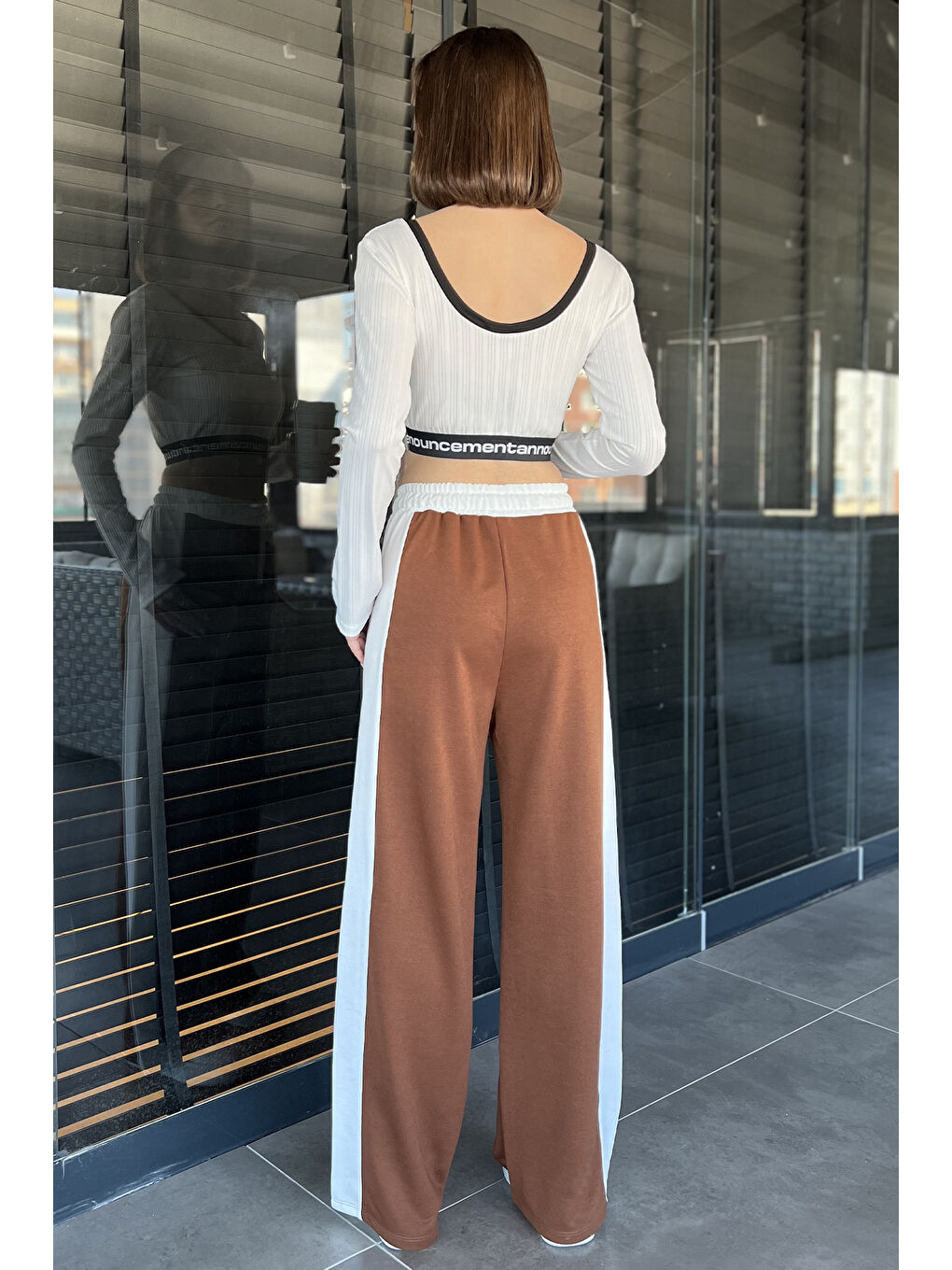 Kahverengi Kadın Bel Lastikli Yüksek Bel Renk Garnili Palazzo Eşofman Altı-2