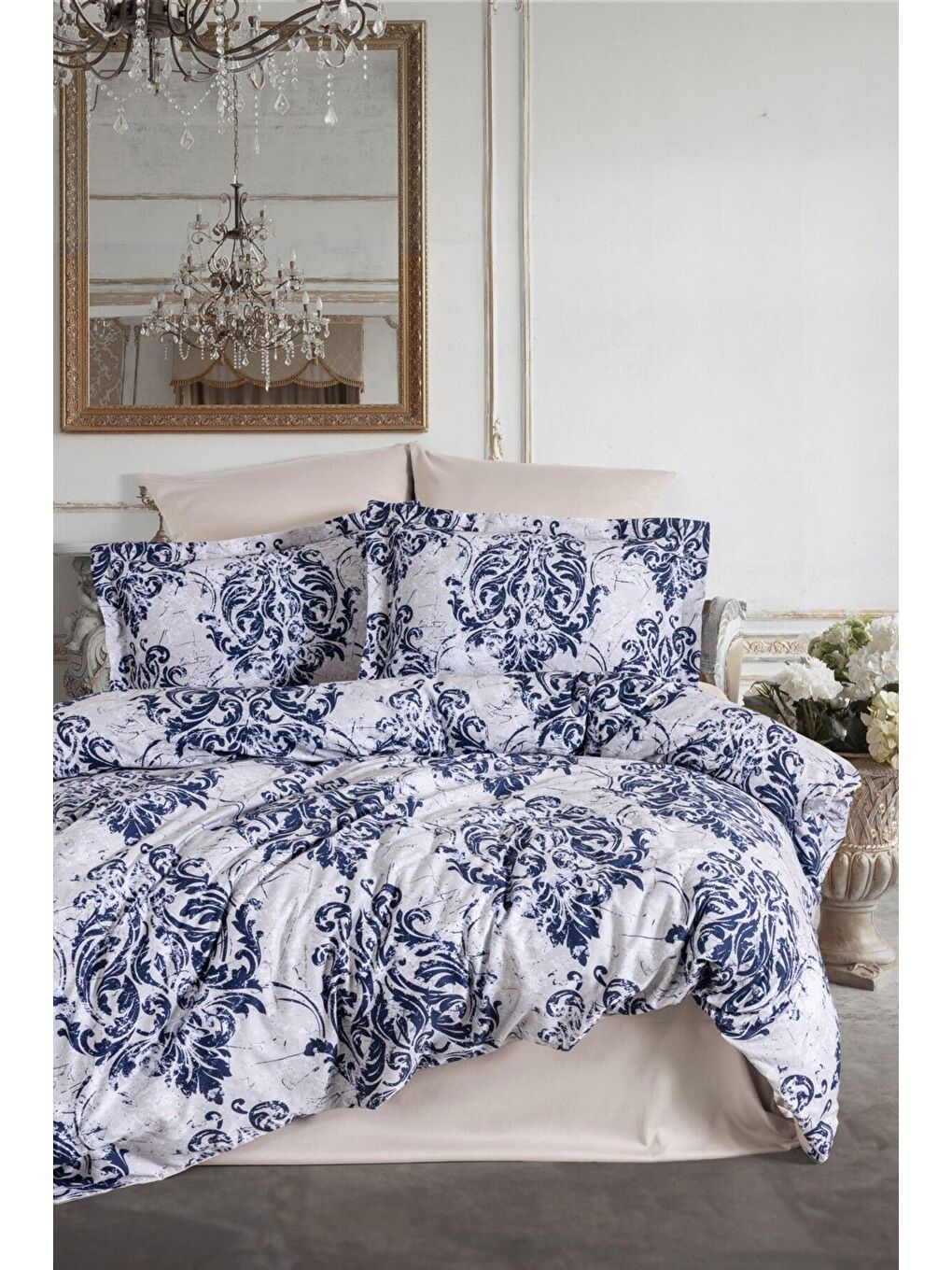 Lacivert Çift Kişilik Bambu Saten Nevresim Takımı Tıvolı-1