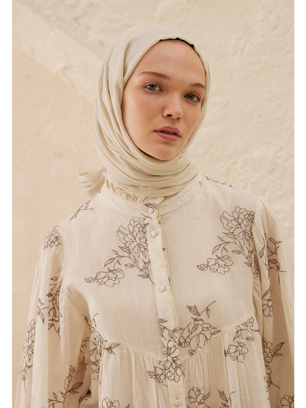 Kahverengi Rami Viskon Şal Fildişi-1