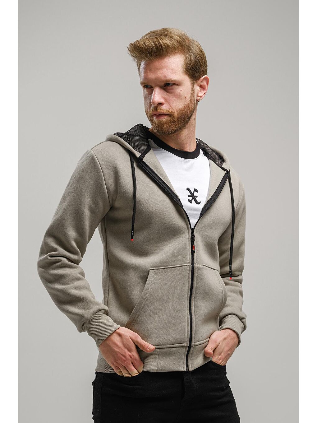 Yeşil Regnault Üç İplik Pamuklu Kapüşonu File Detaylı  Fermuarlı Sweatshirt