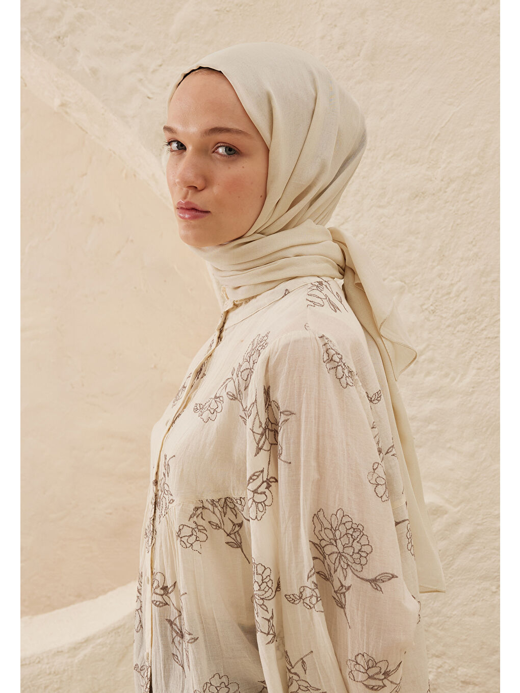 Kahverengi Rami Viskon Şal Fildişi-3