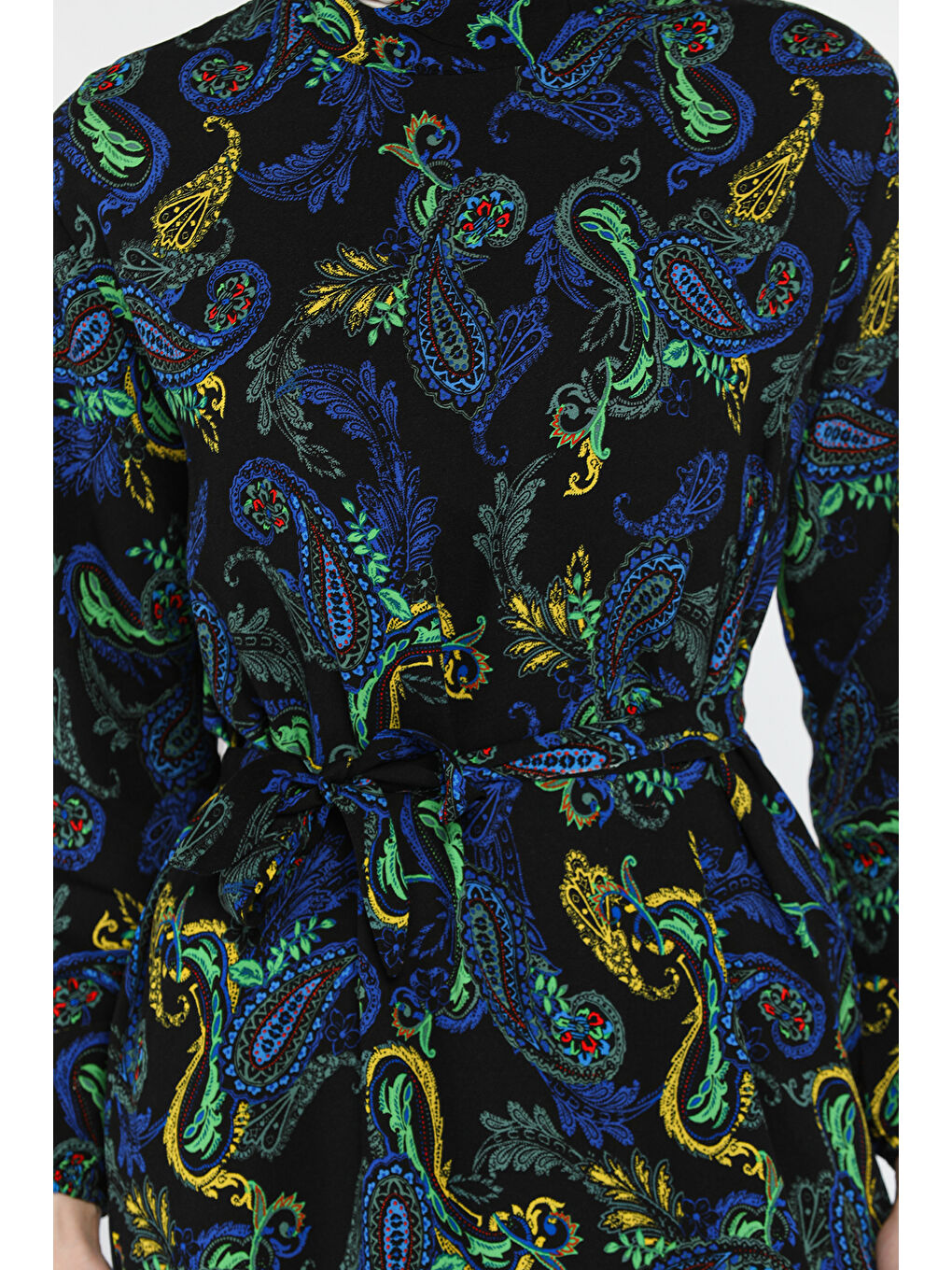 Siyah Etnik Desen Bel Kuşaklı Tesettür Viskon Elbise-7