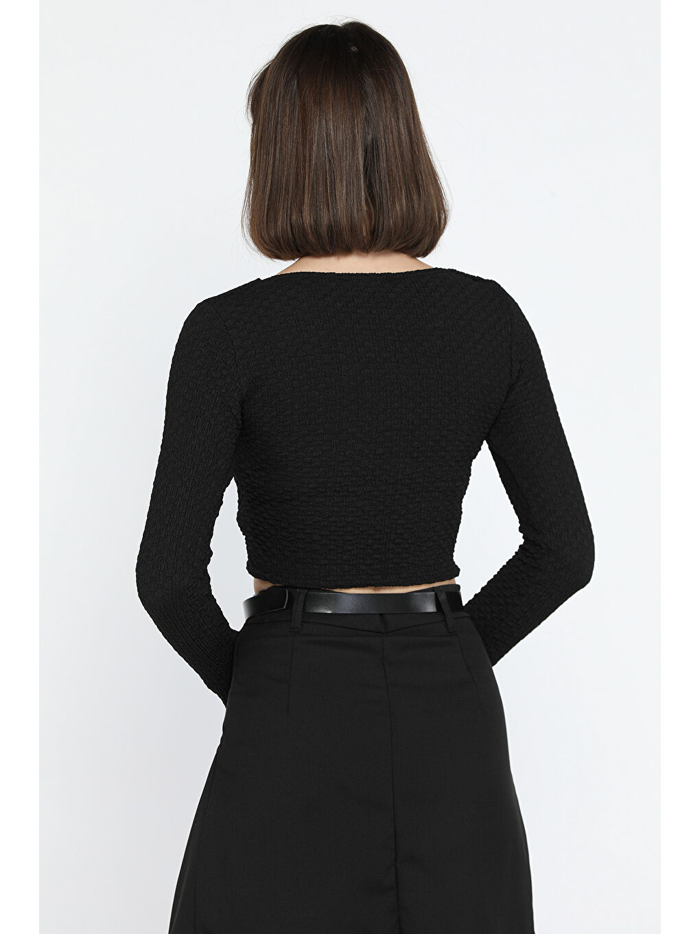 Siyah Kadın Kare Yaka Kendinden Desenli Bluz-2