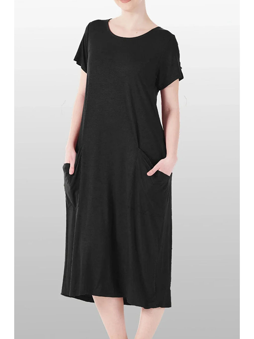 Kadın Kısa Kol Cep Detay Viskon Elbise Pijama 25234-2 Siyah-1