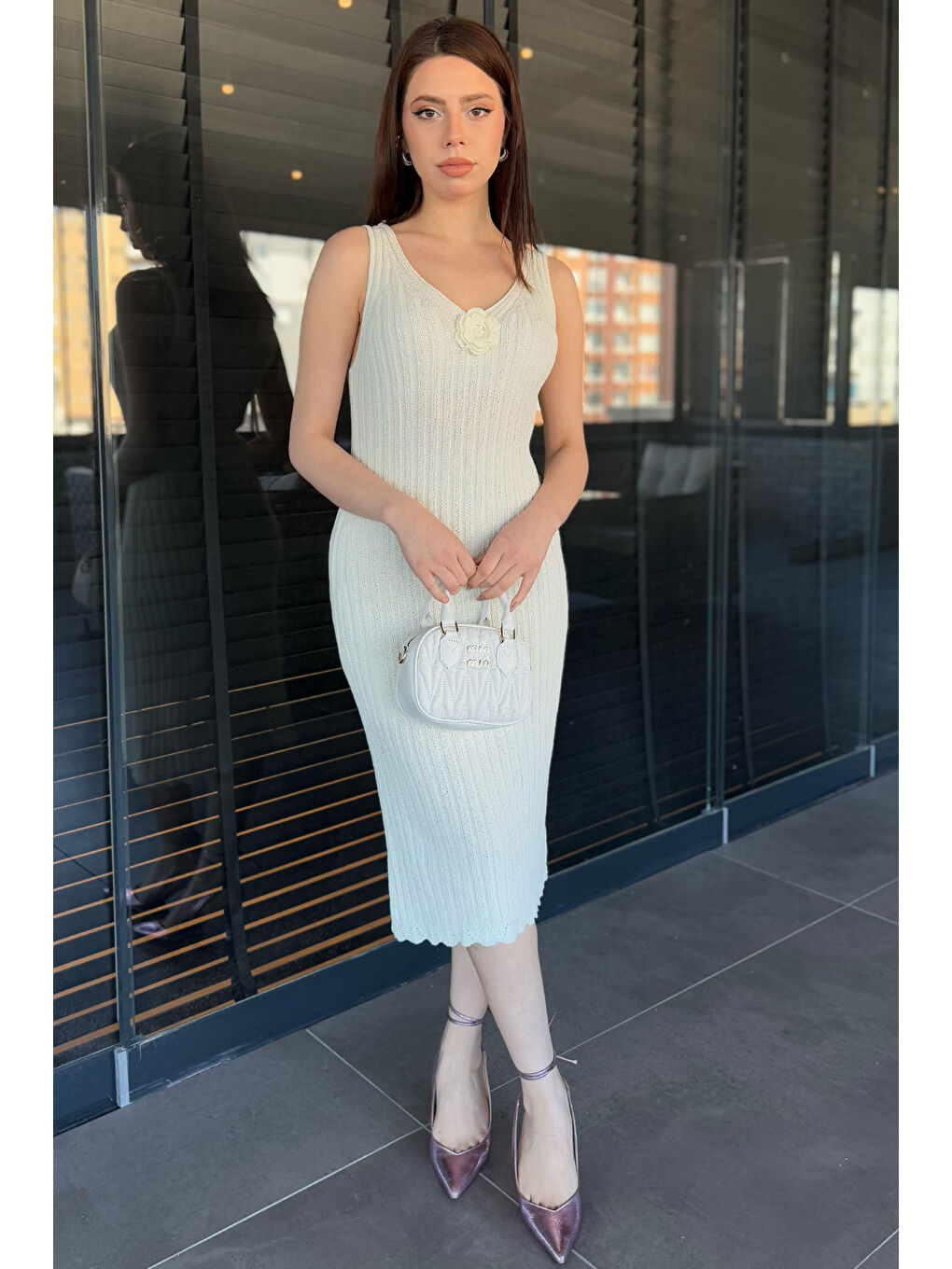 Ekru Gül Detaylı Kadın Örme Triko Elbise ( İçlikle Giyilmesi Önerilir)-1