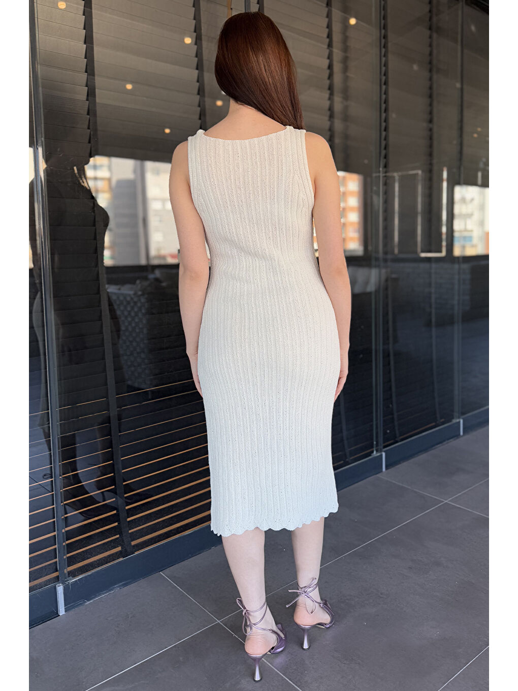 Ekru Gül Detaylı Kadın Örme Triko Elbise ( İçlikle Giyilmesi Önerilir)-2