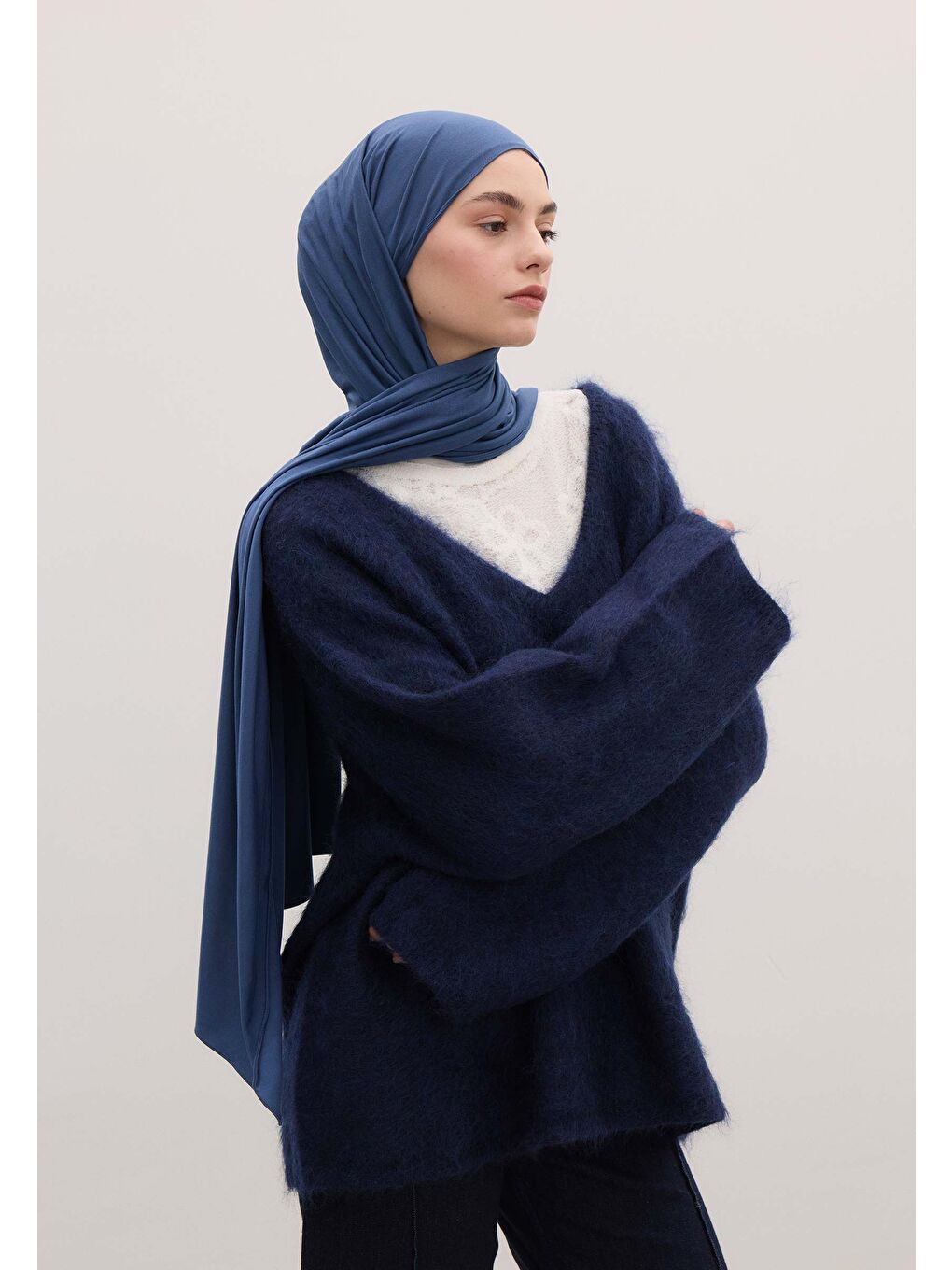 Bambu Penye Şal Jean Mavi