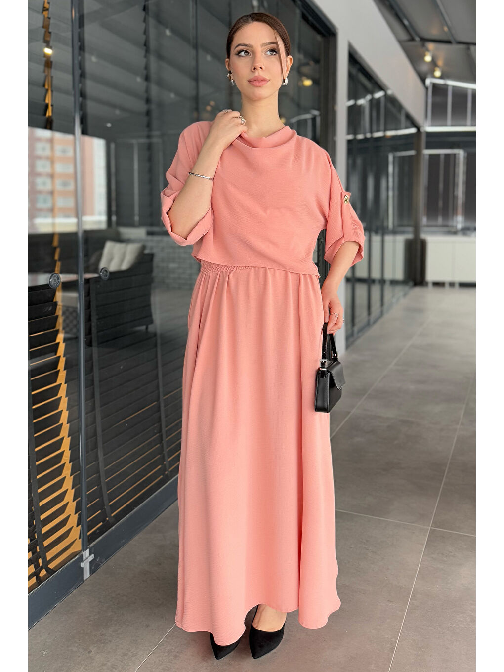 Pembe Degaje Yaka Kol Detaylı Cepli Kadın Bluz Etek İkili Takım-1