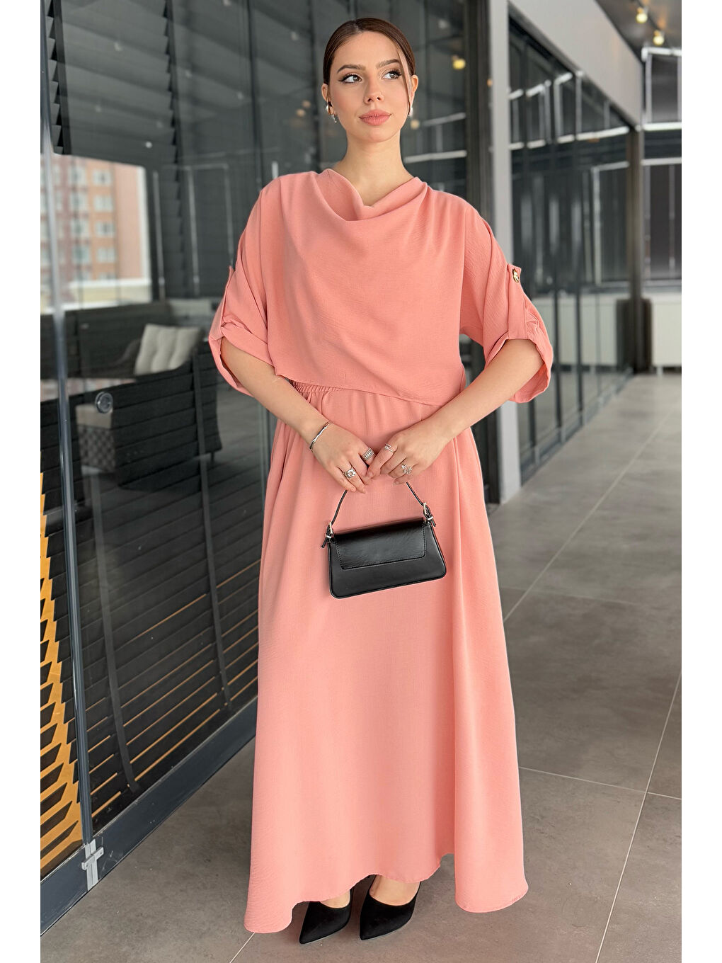 Pembe Degaje Yaka Kol Detaylı Cepli Kadın Bluz Etek İkili Takım-2