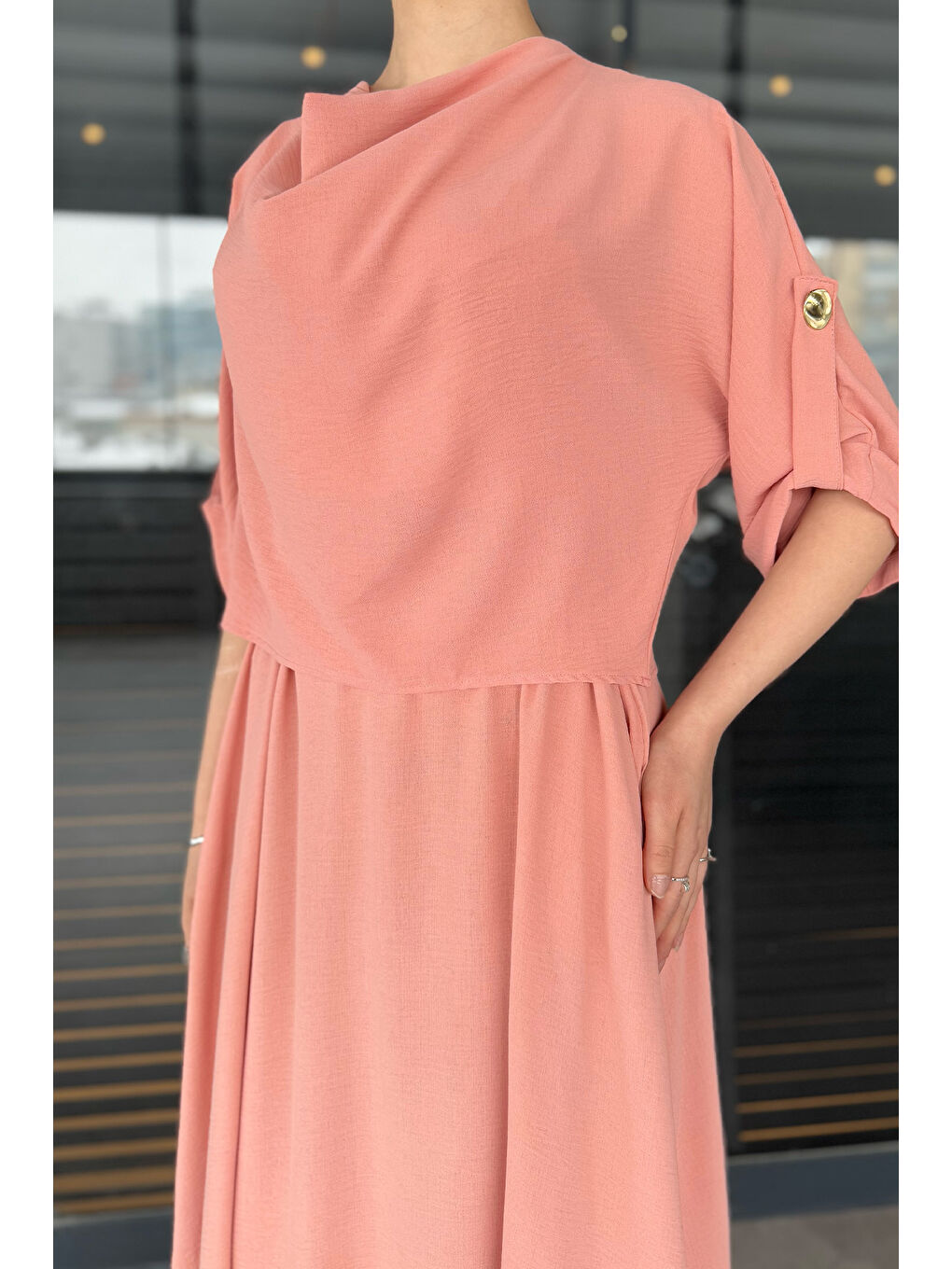 Pembe Degaje Yaka Kol Detaylı Cepli Kadın Bluz Etek İkili Takım-4