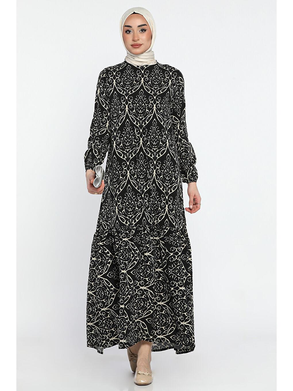 Siyah Desenli Bel Bağlamalı Tesettür Viskon Elbise-3