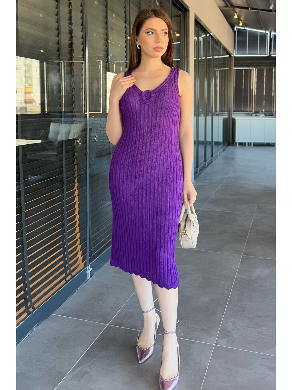 Mor Gül Detaylı Kadın Örme Triko Elbise ( İçlikle Giyilmesi Önerilir)