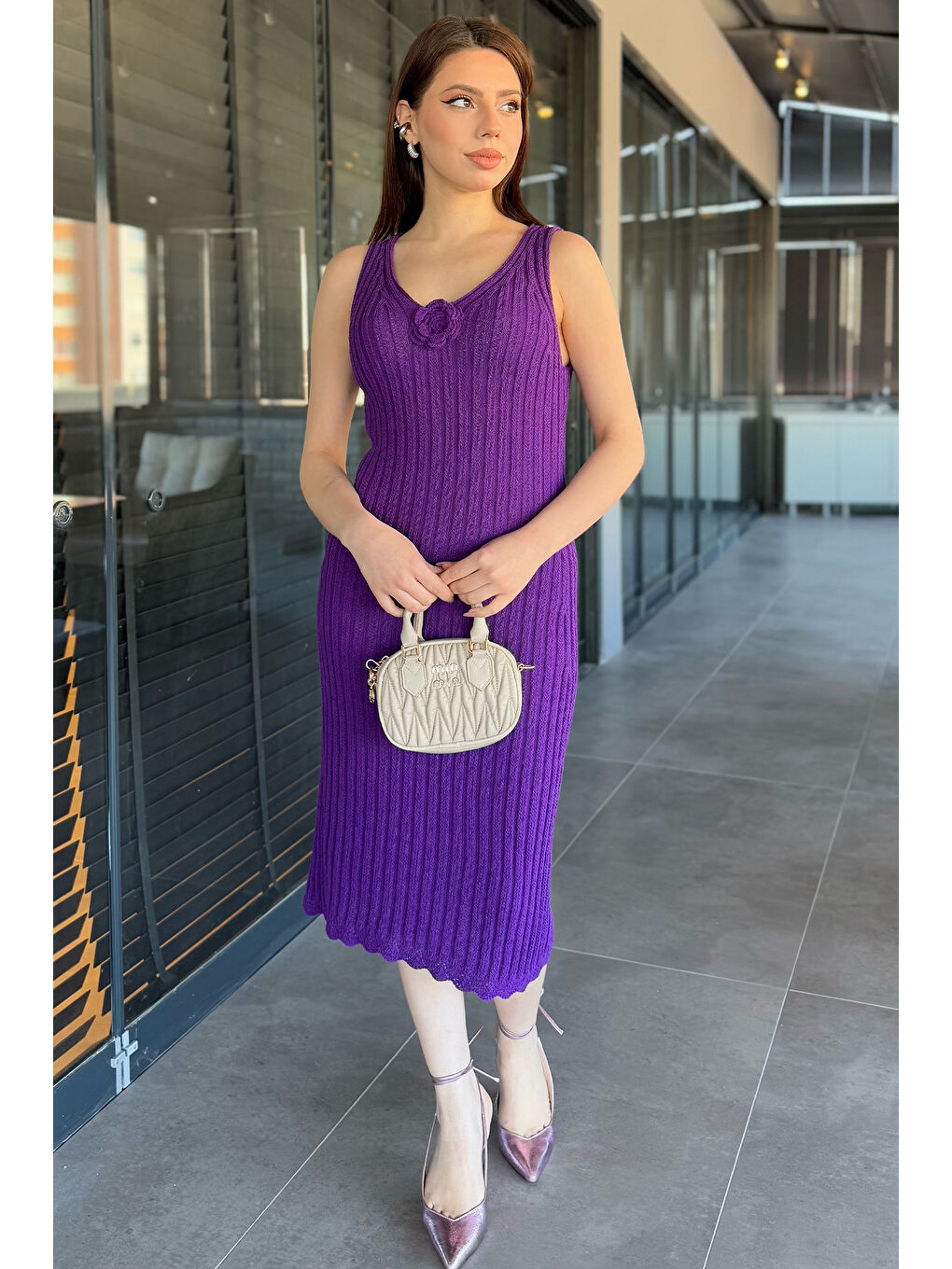 Mor Gül Detaylı Kadın Örme Triko Elbise ( İçlikle Giyilmesi Önerilir)-1