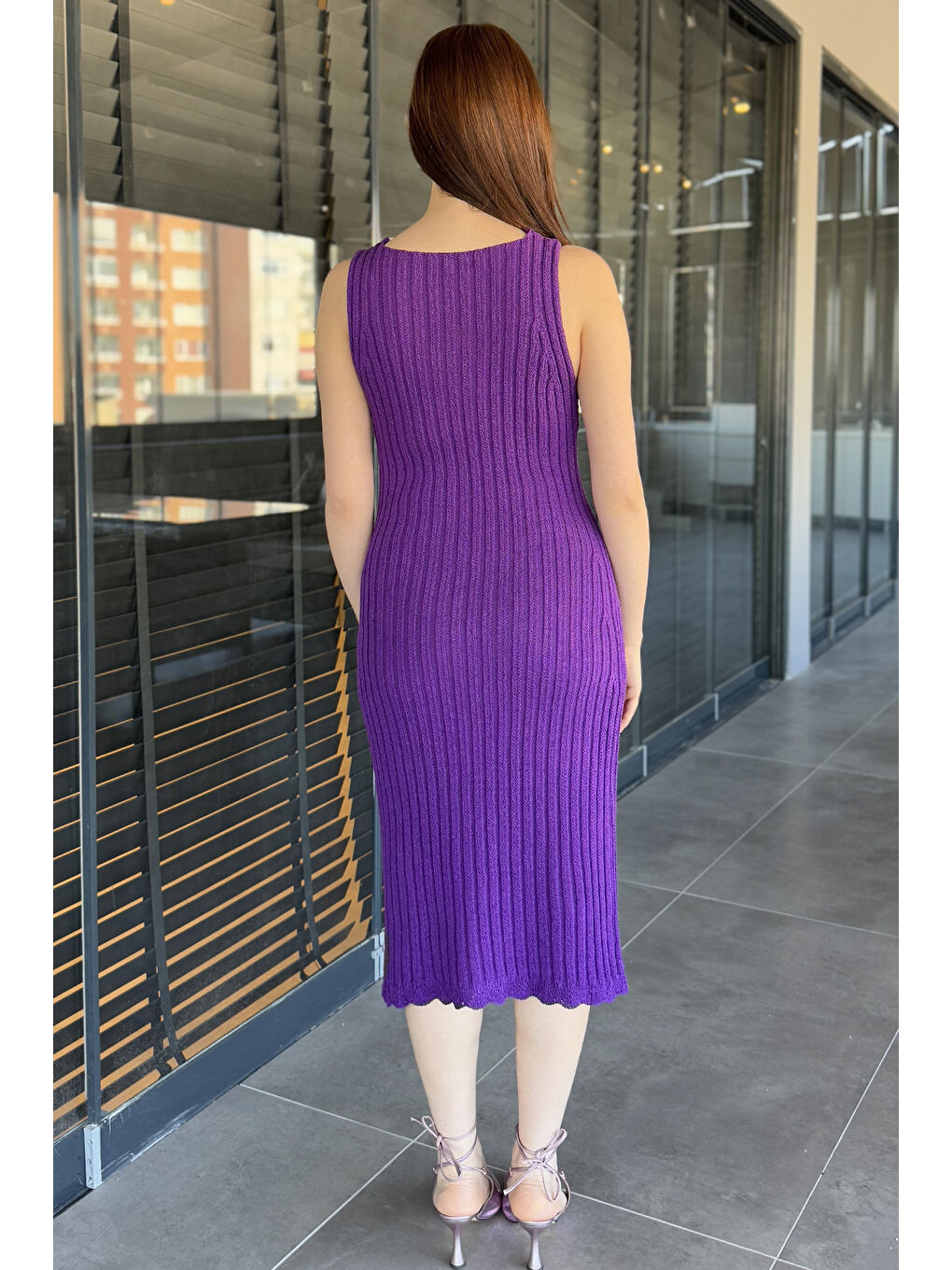 Mor Gül Detaylı Kadın Örme Triko Elbise ( İçlikle Giyilmesi Önerilir)-2