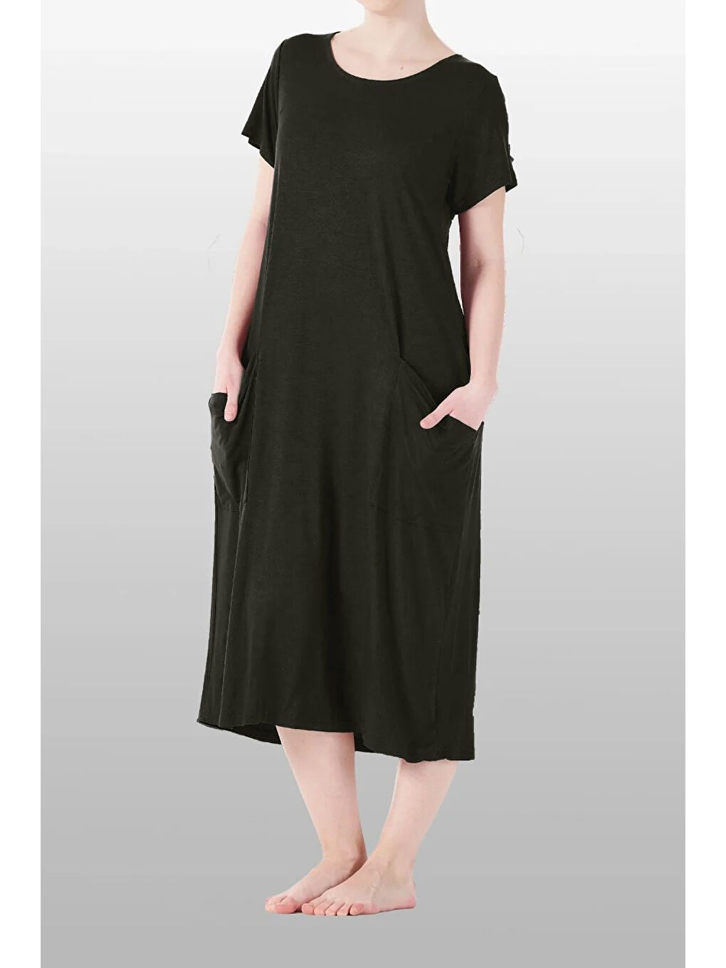 Kadın Kısa Kol Cep Detay Viskon Elbise Pijama 25234-3 Haki-1