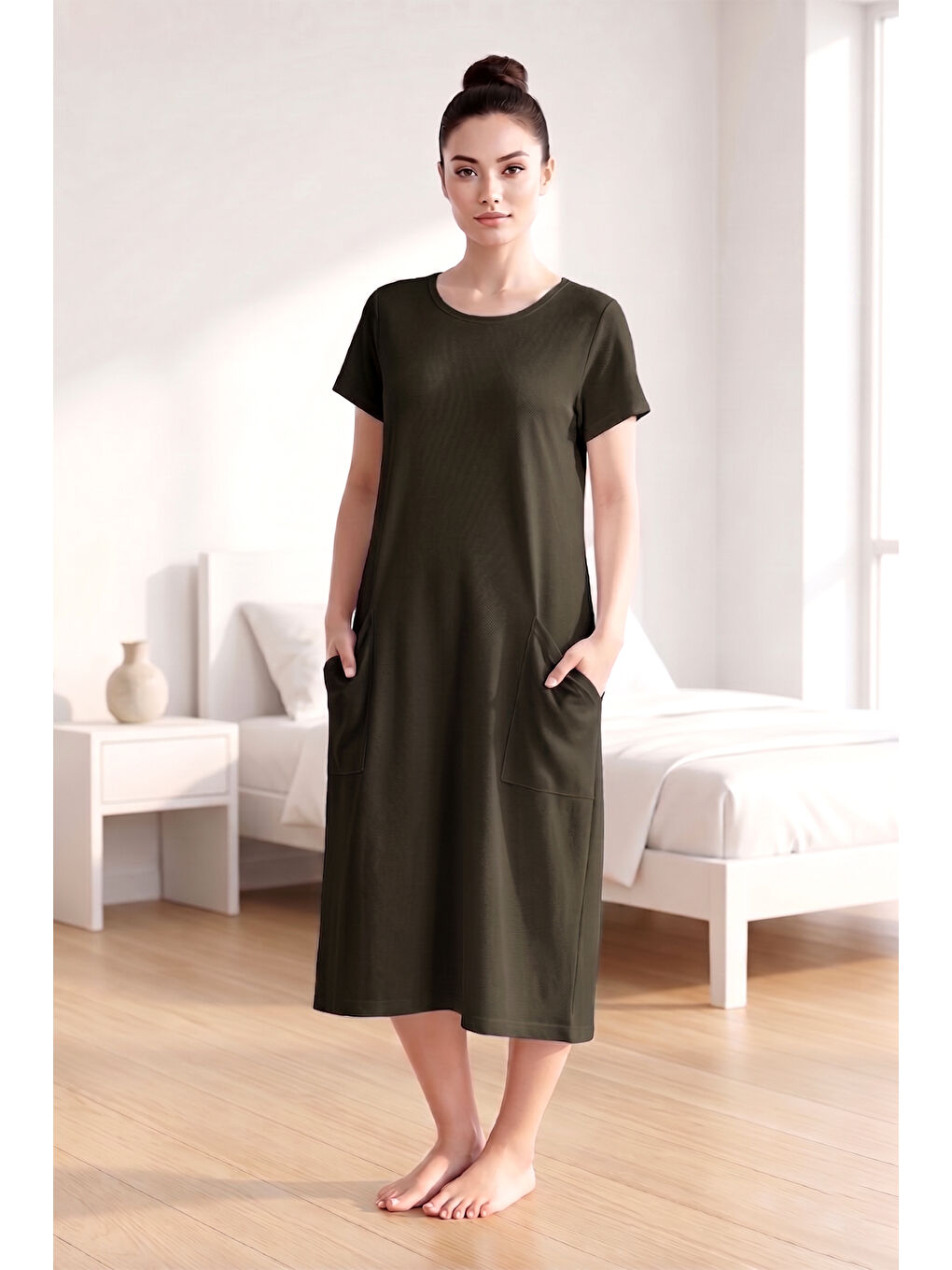 Kadın Kısa Kol Cep Detay Viskon Elbise Pijama 25234-3 Haki-3