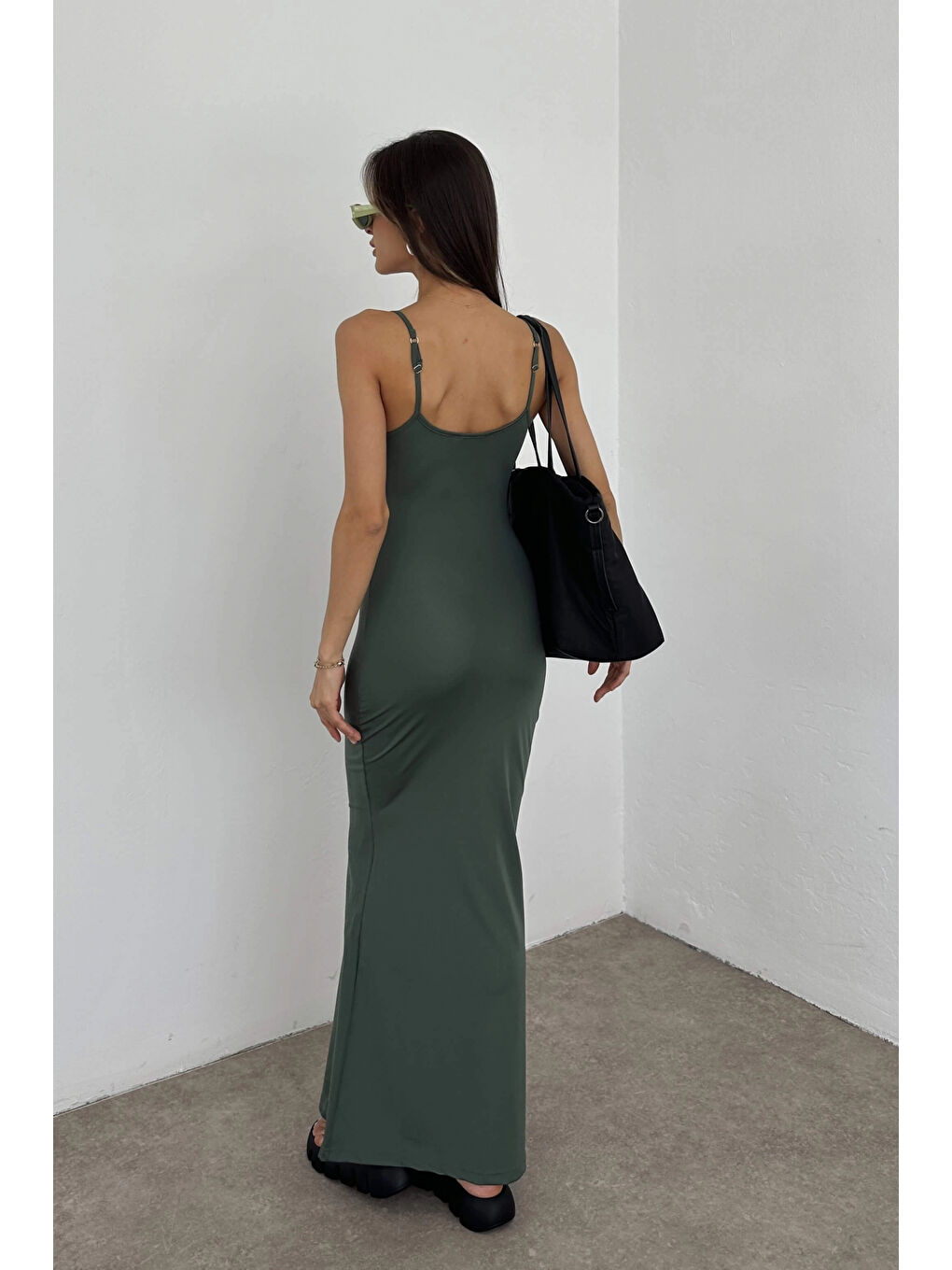 Kadın Haki Askılı Uzun Elbise 0999-105901-1